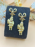 Gold Tone Bow & Santa Claus Dangle Earrings Christmas Holiday Novelty