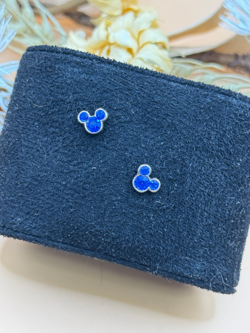 Blue Mickey Mouse Rhinestone Stud Earrings Silver Tone Cute Mini Studs