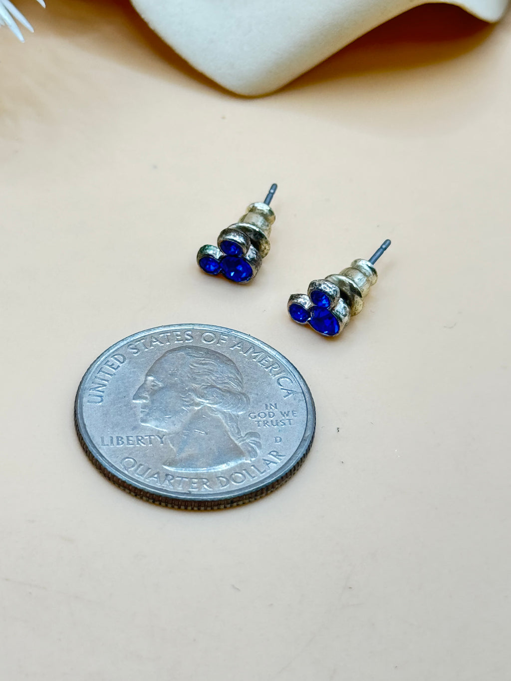 Blue Mickey Mouse Rhinestone Stud Earrings Silver Tone Cute Mini Studs