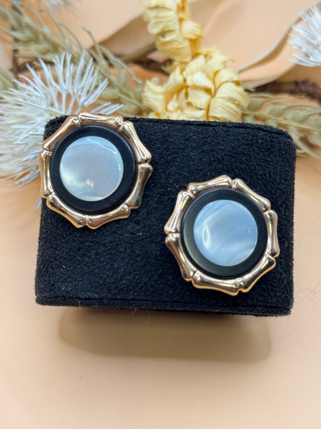 Vintage Gold Tone Bamboo Style White Opalescent Cabochon Statement Earrings