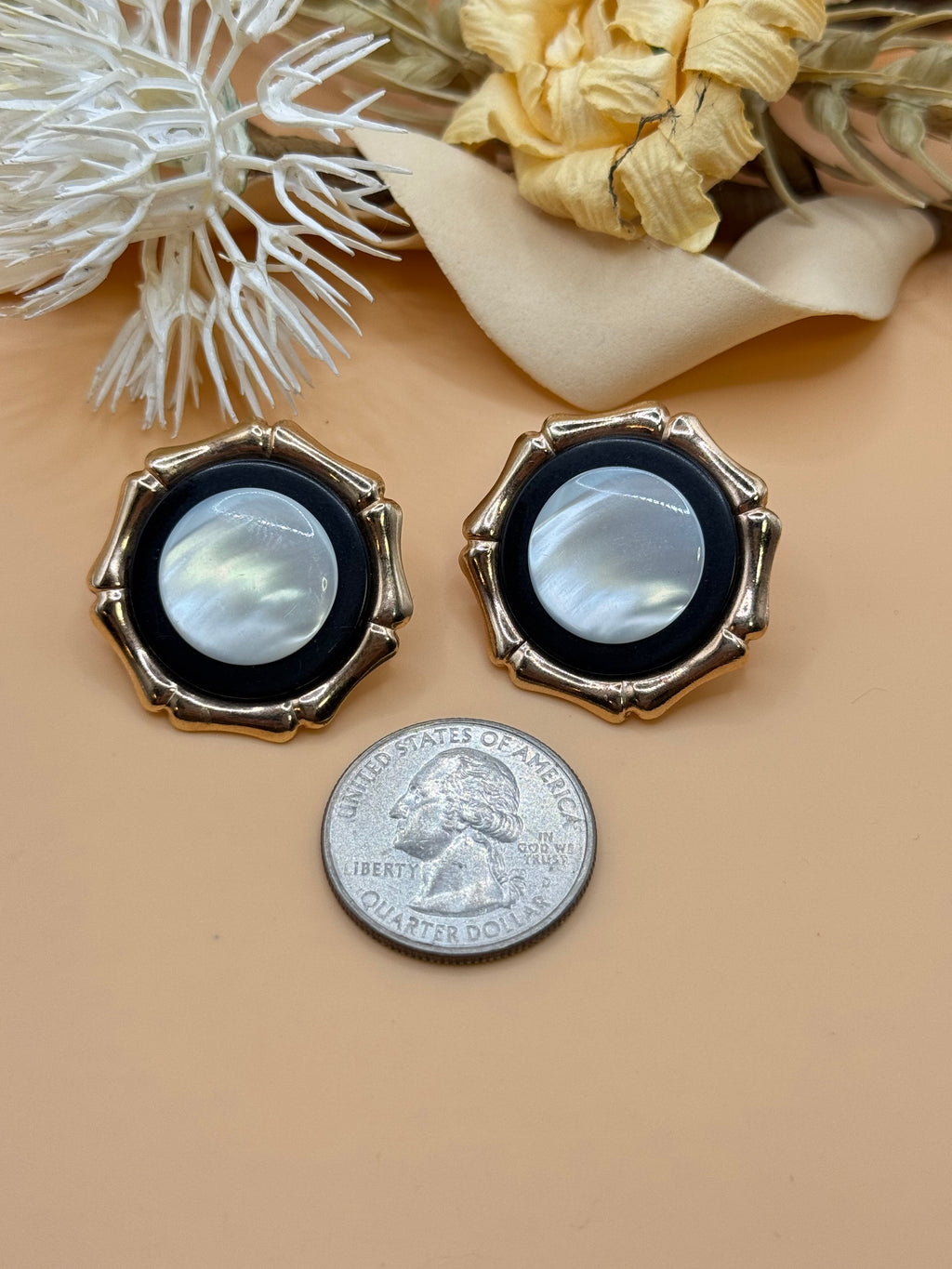 Vintage Gold Tone Bamboo Style White Opalescent Cabochon Statement Earrings
