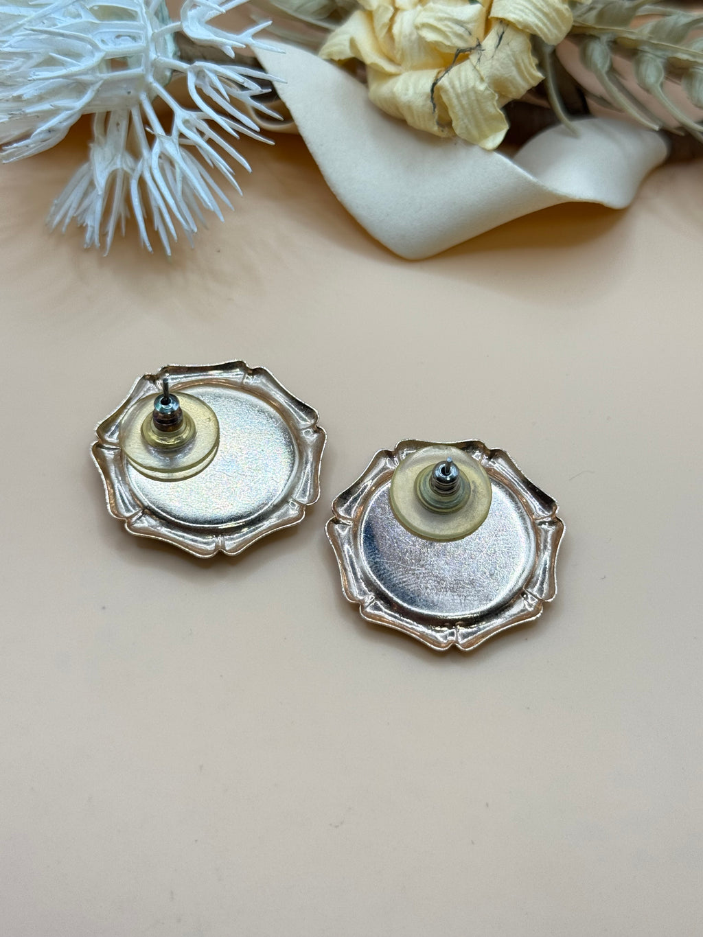 Vintage Gold Tone Bamboo Style White Opalescent Cabochon Statement Earrings
