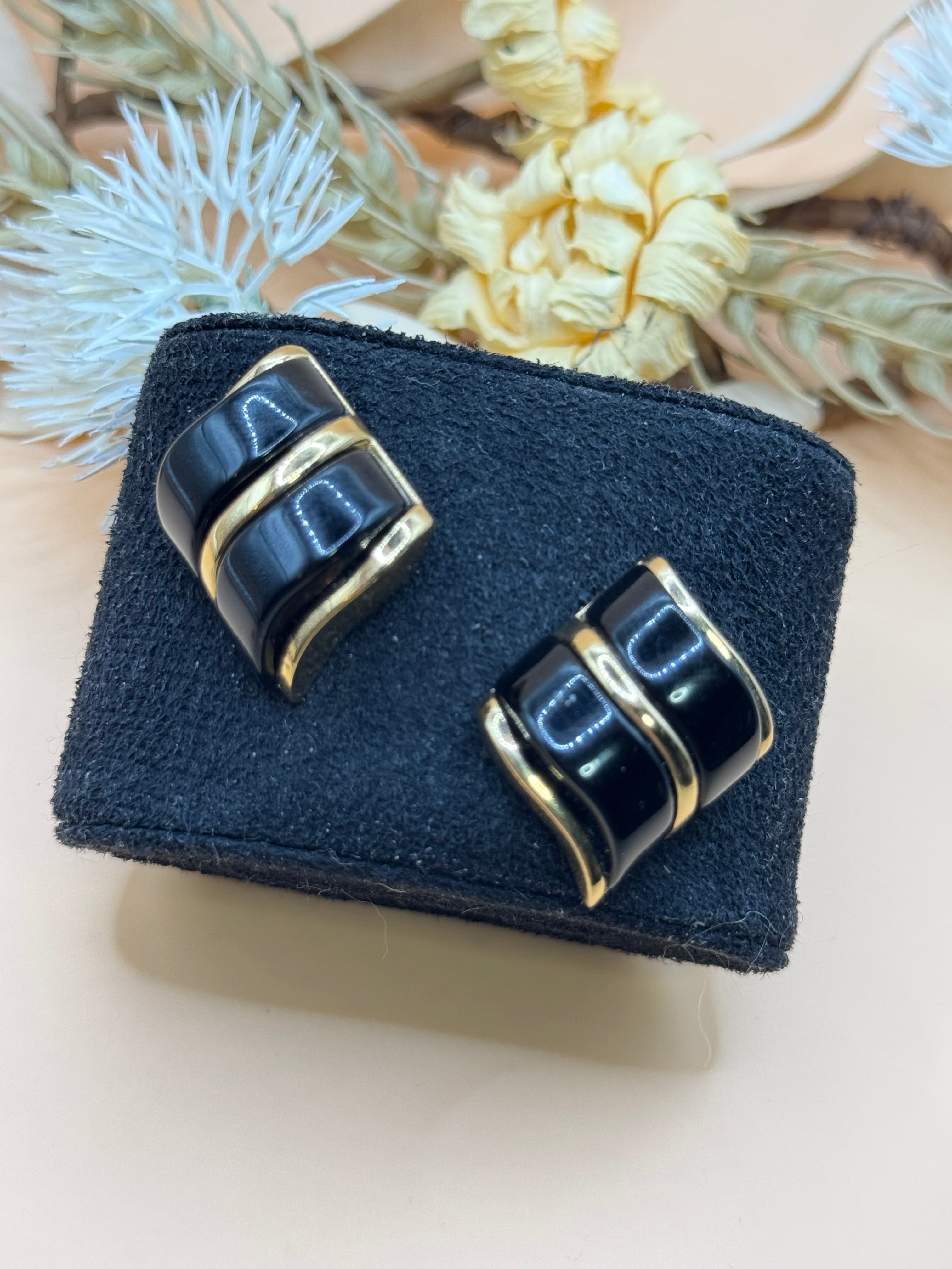 Vintage Avon Gold Tone Black Enamel Curved Statement Stud Earrings