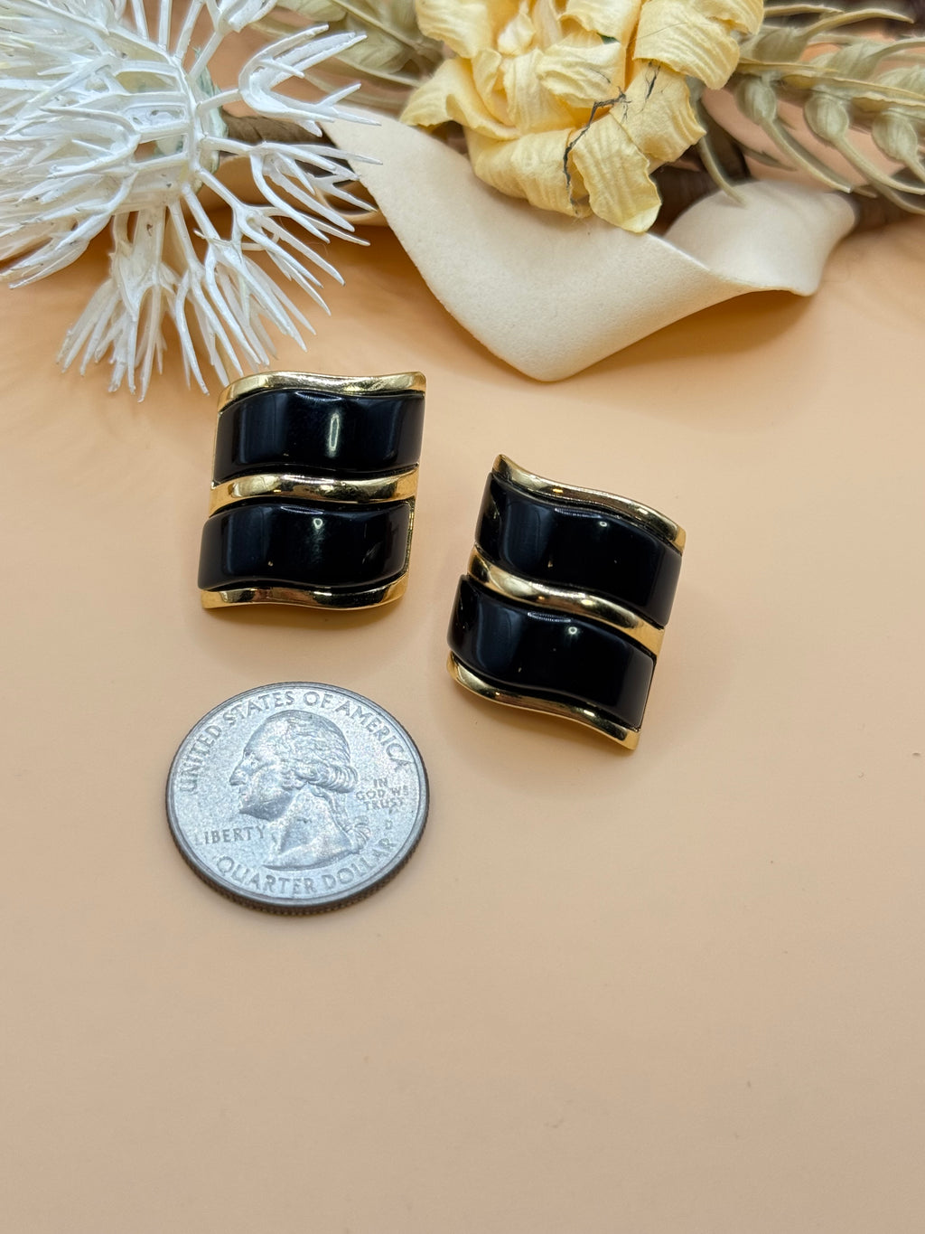 Vintage Avon Gold Tone Black Enamel Curved Statement Stud Earrings
