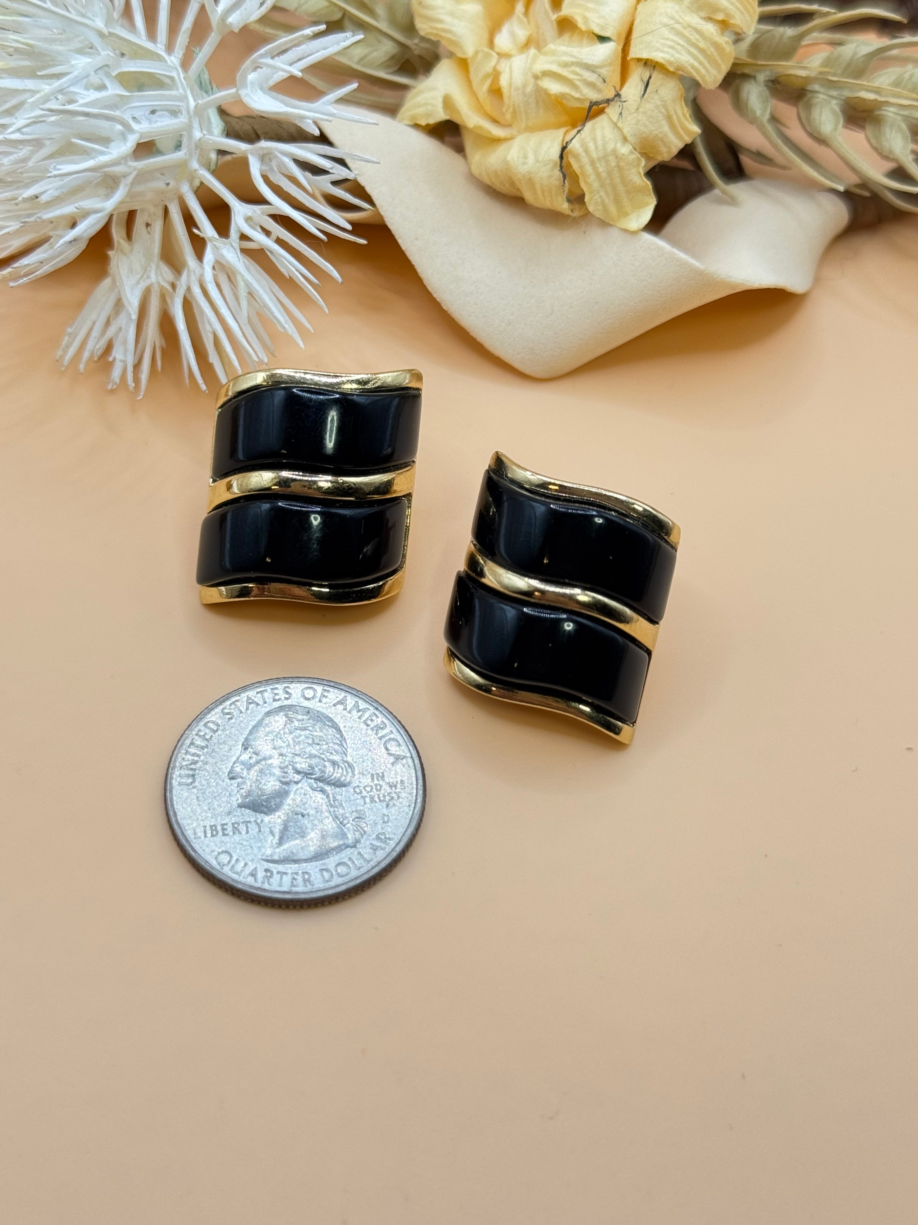 Vintage Avon Gold Tone Black Enamel Curved Statement Stud Earrings