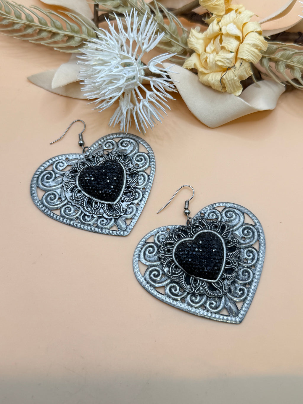 Silver Tone Filigree Heart Earrings with Black Crystal Accent Dangles