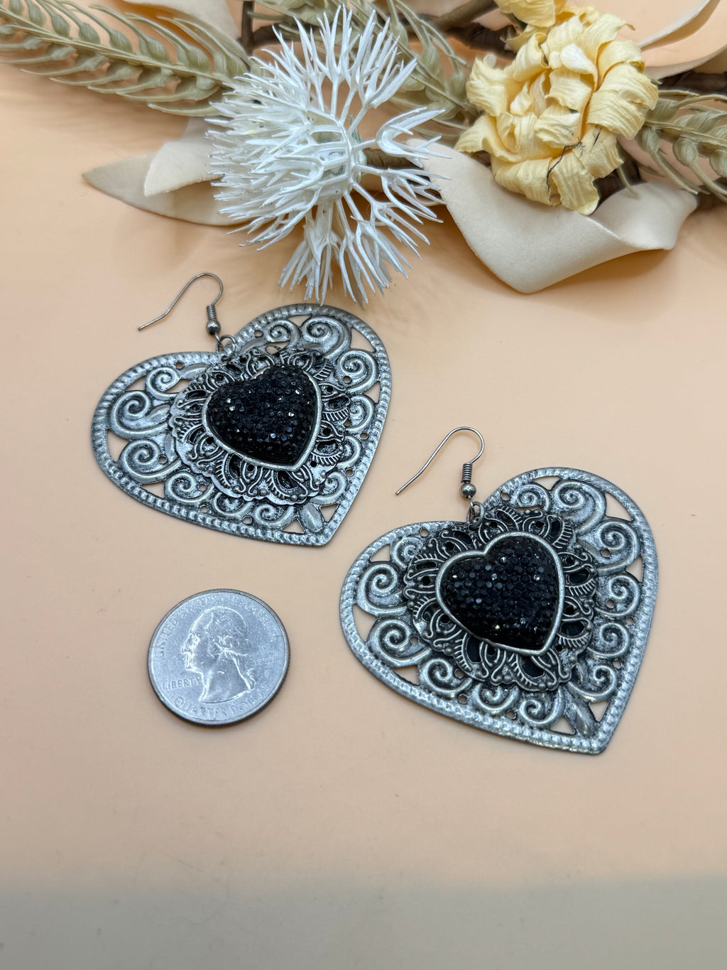 Silver Tone Filigree Heart Earrings with Black Crystal Accent Dangles