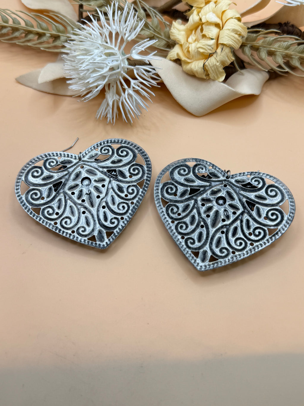 Silver Tone Filigree Heart Earrings with Black Crystal Accent Dangles