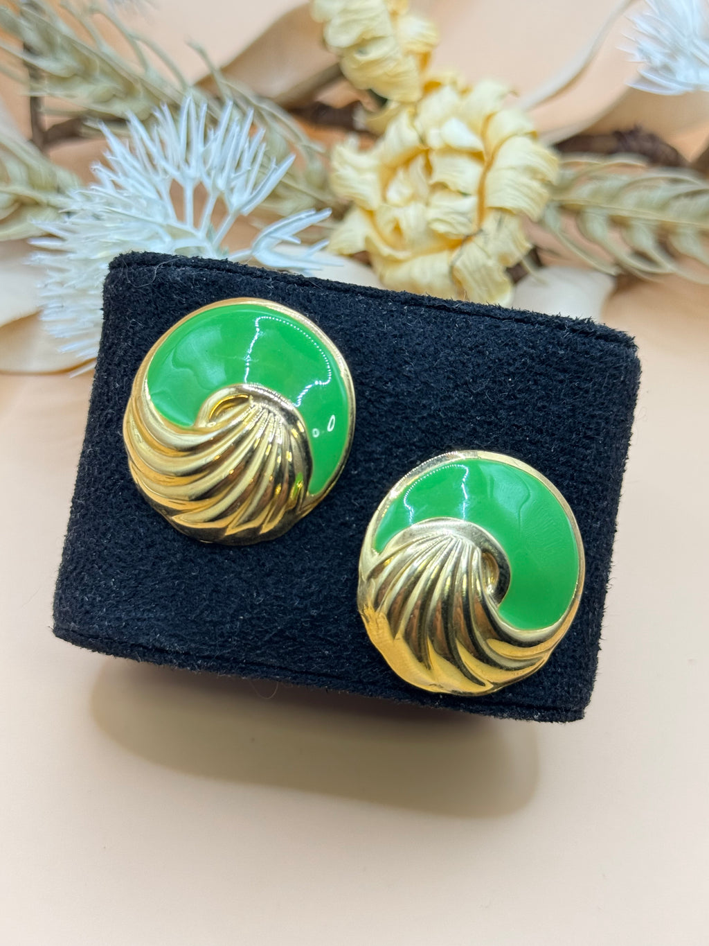 Vintage Green Enamel Gold Tone Swirl Button Earrings