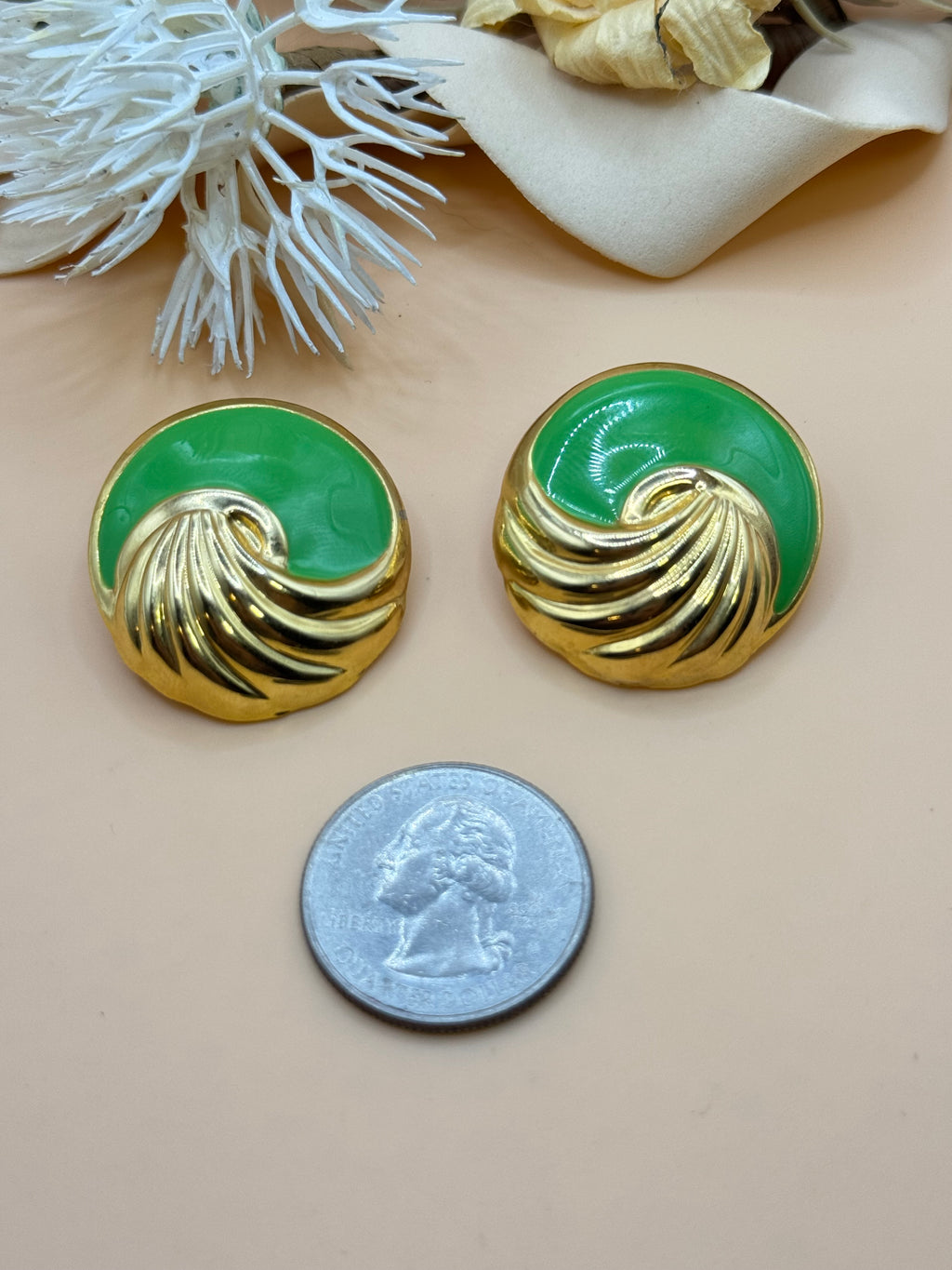 Vintage Green Enamel Gold Tone Swirl Button Earrings
