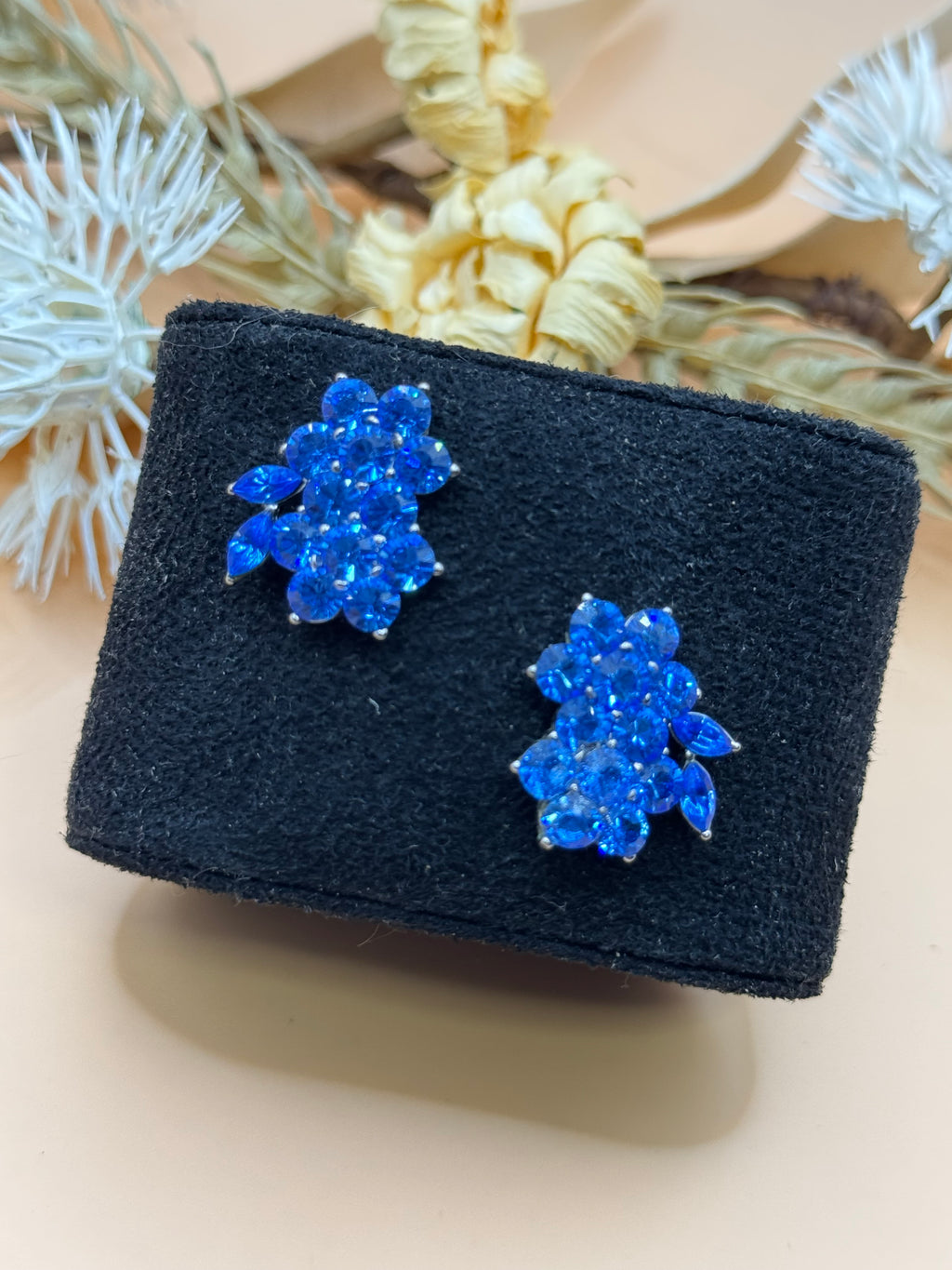 Cobalt Blue Rhinestone Floral Cluster Stud Earrings
