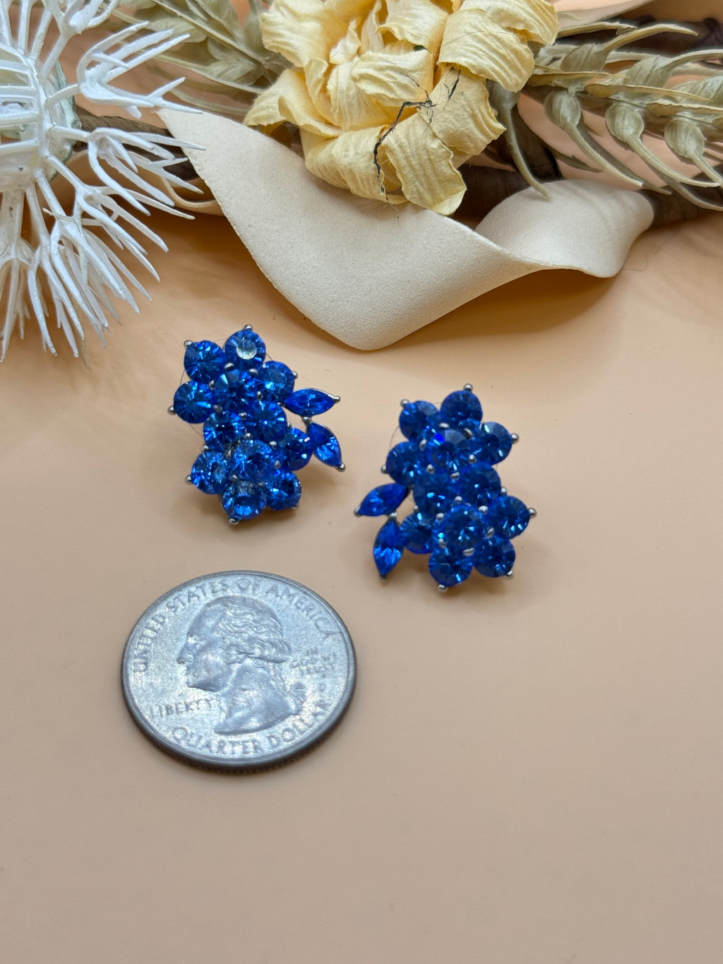 Cobalt Blue Rhinestone Floral Cluster Stud Earrings