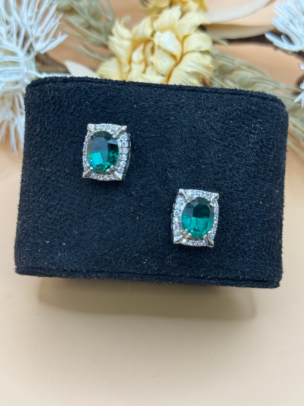 Emerald Green Crystal Halo Silver Tone Stud Earrings