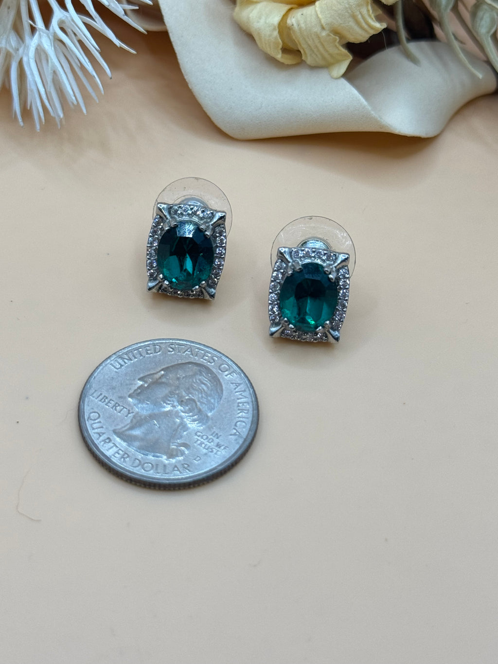 Emerald Green Crystal Halo Silver Tone Stud Earrings