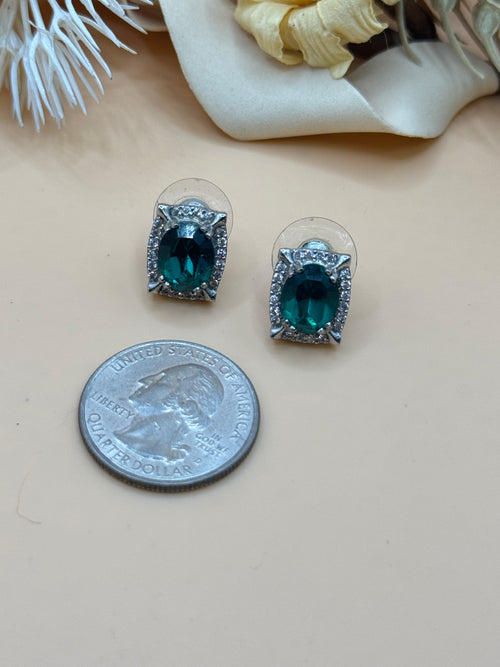 Emerald Green Crystal Halo Silver Tone Stud Earrings
