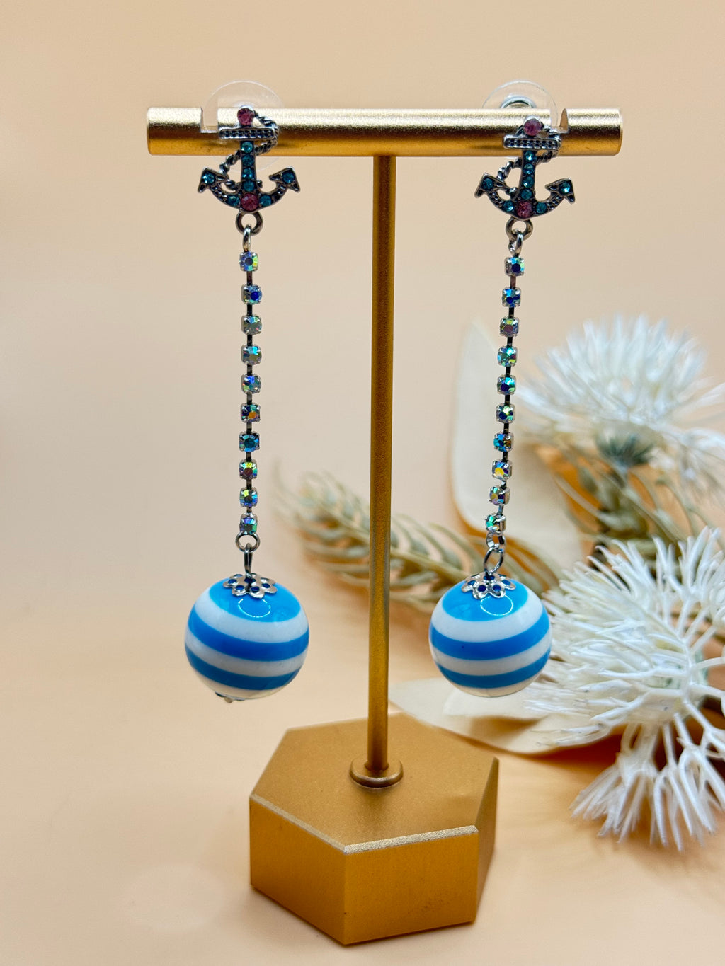 Nautical Anchor Rhinestone Dangle Earrings Blue White Striped Bead Silver Tone
