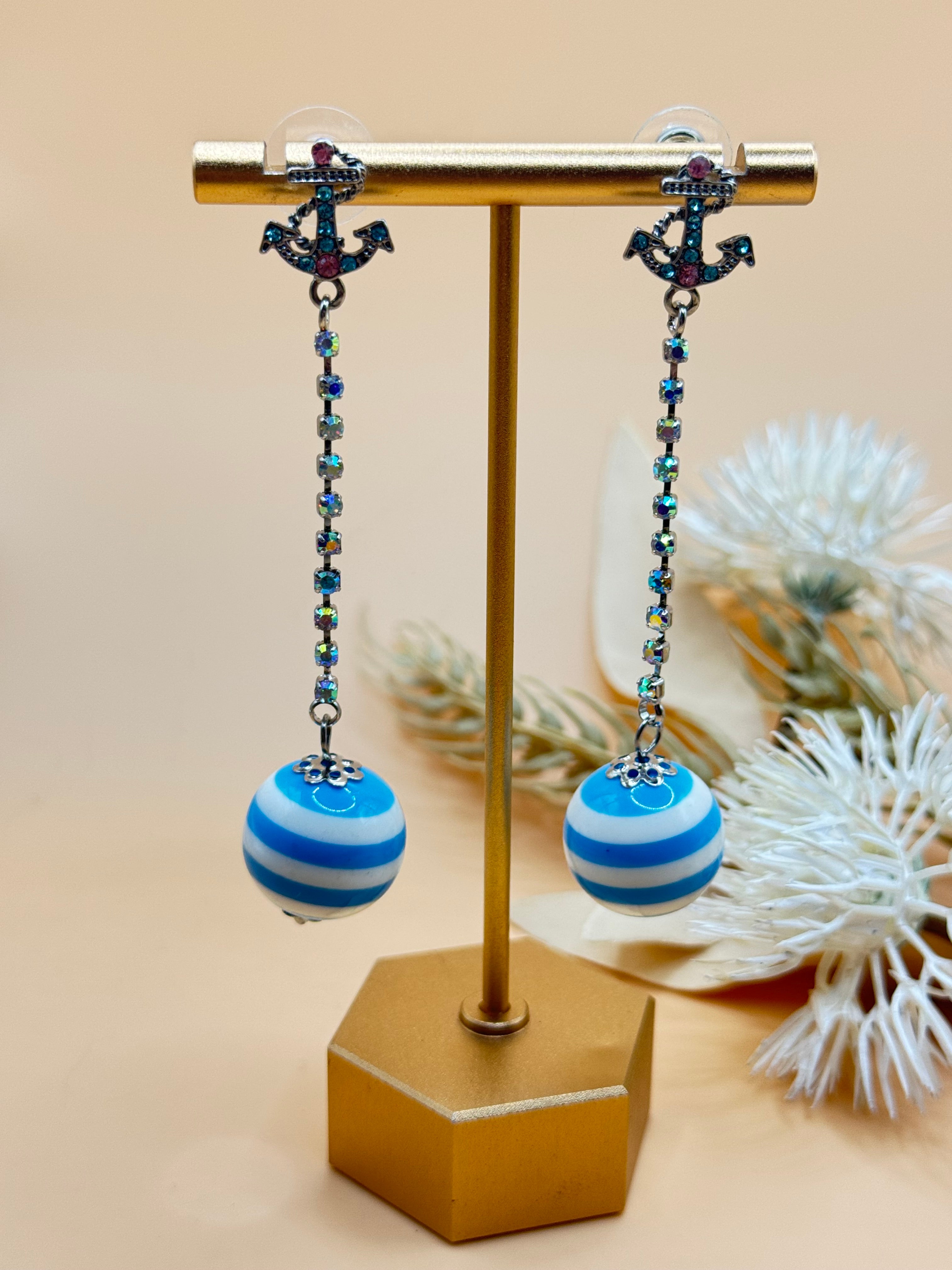 Nautical Anchor Rhinestone Dangle Earrings Blue White Striped Bead Silver Tone