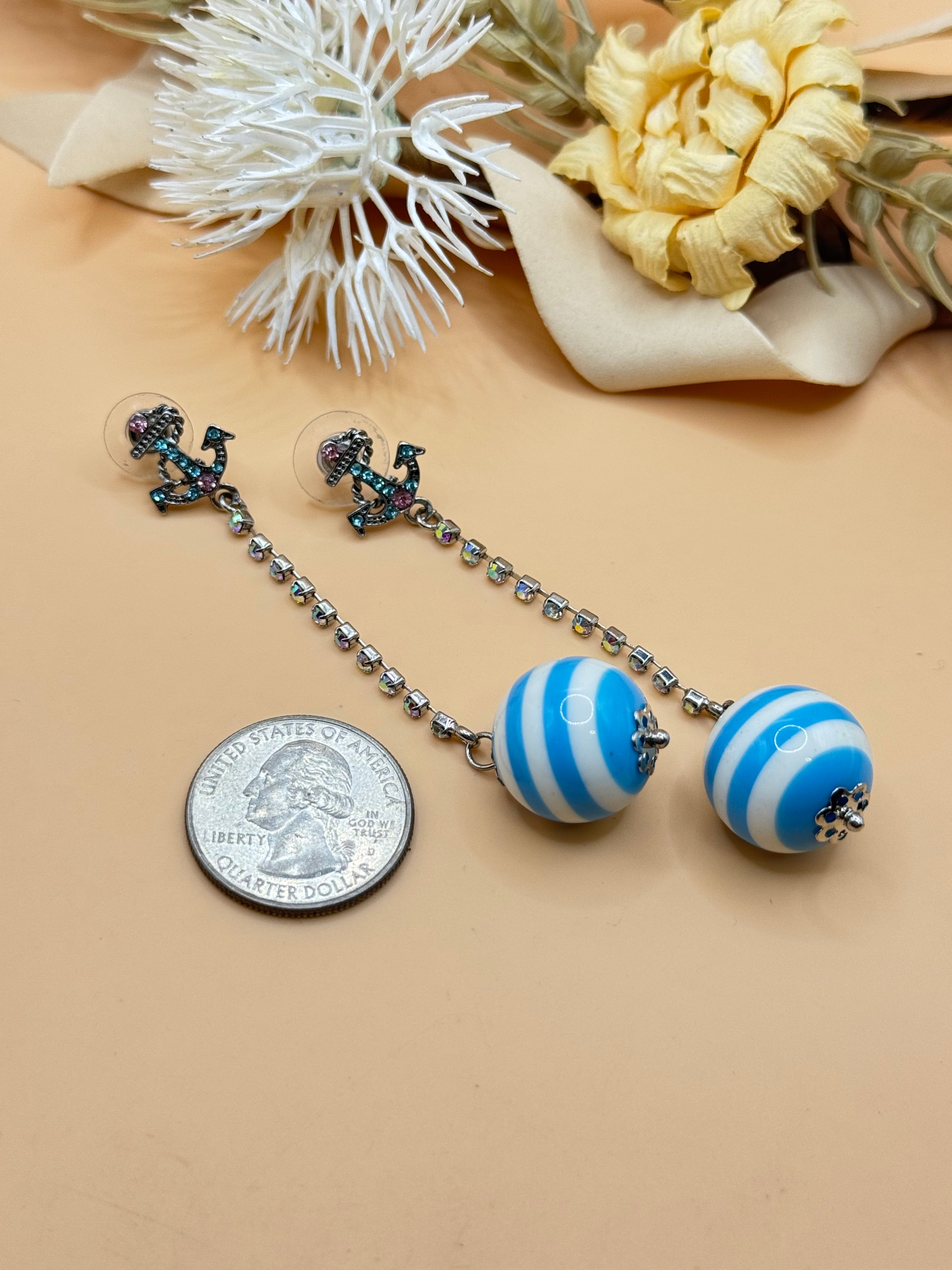 Nautical Anchor Rhinestone Dangle Earrings Blue White Striped Bead Silver Tone
