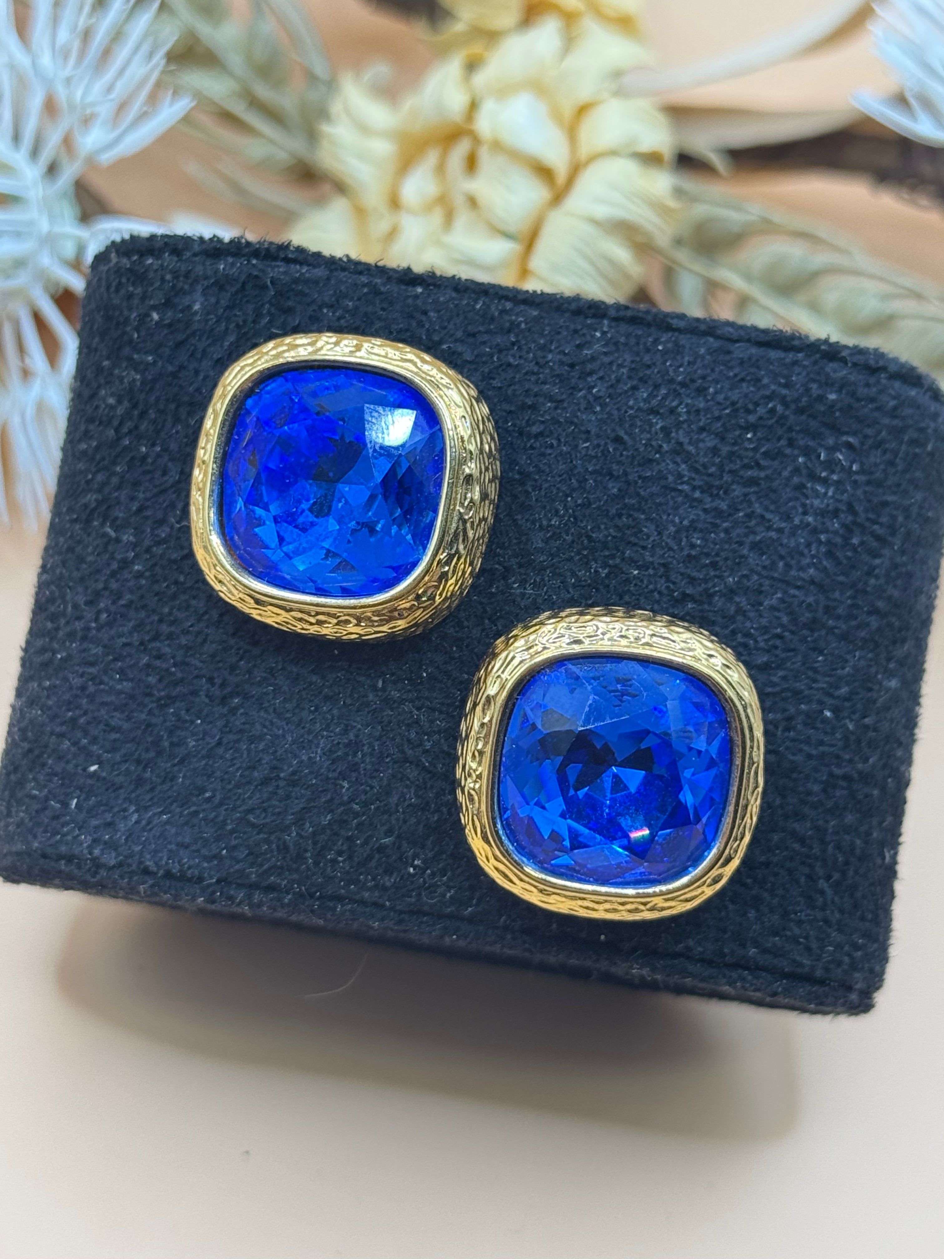Gold Tone Cobalt Blue Faceted Cushion Cut Statement Stud Earrings