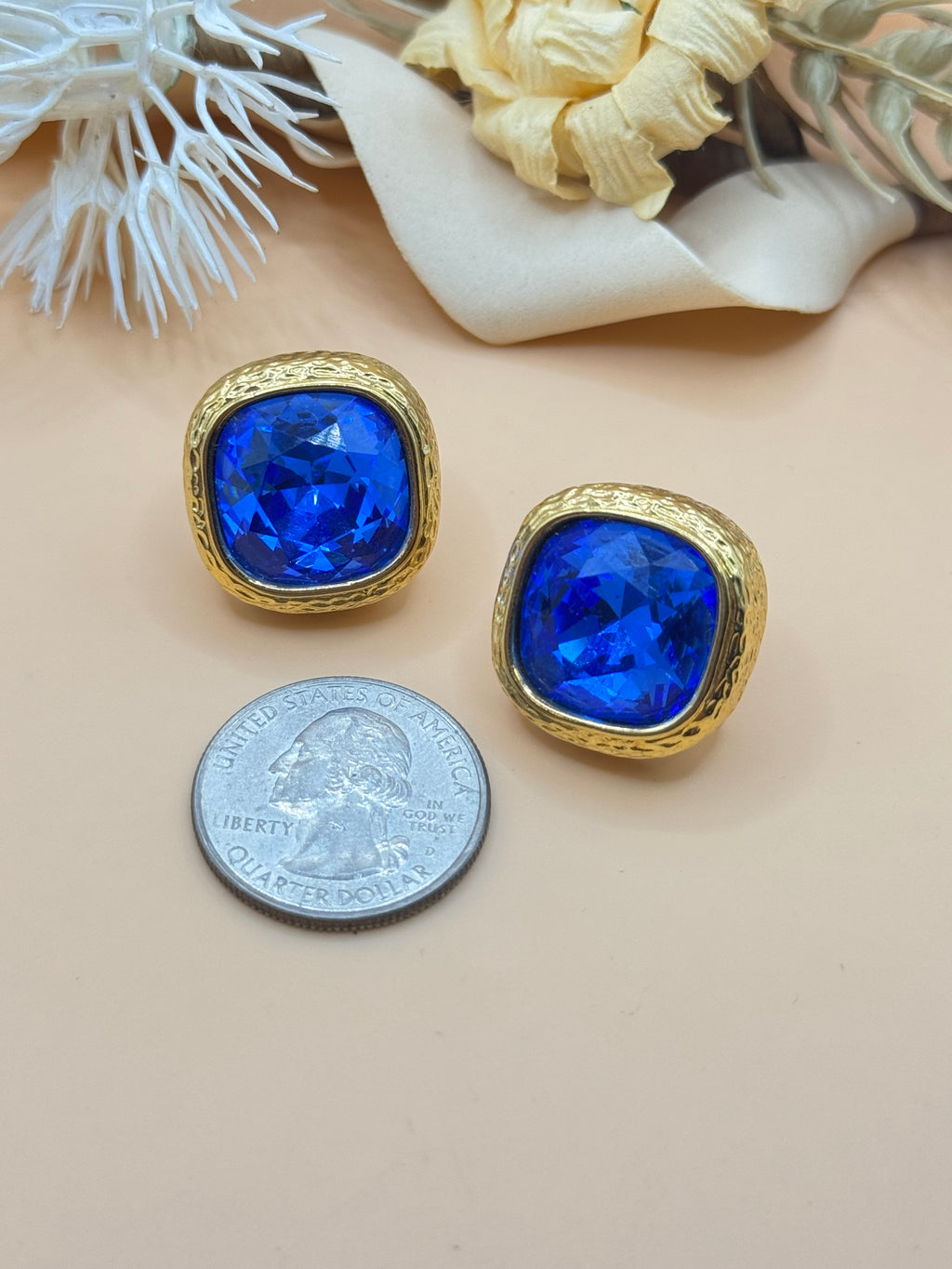 Gold Tone Cobalt Blue Faceted Cushion Cut Statement Stud Earrings