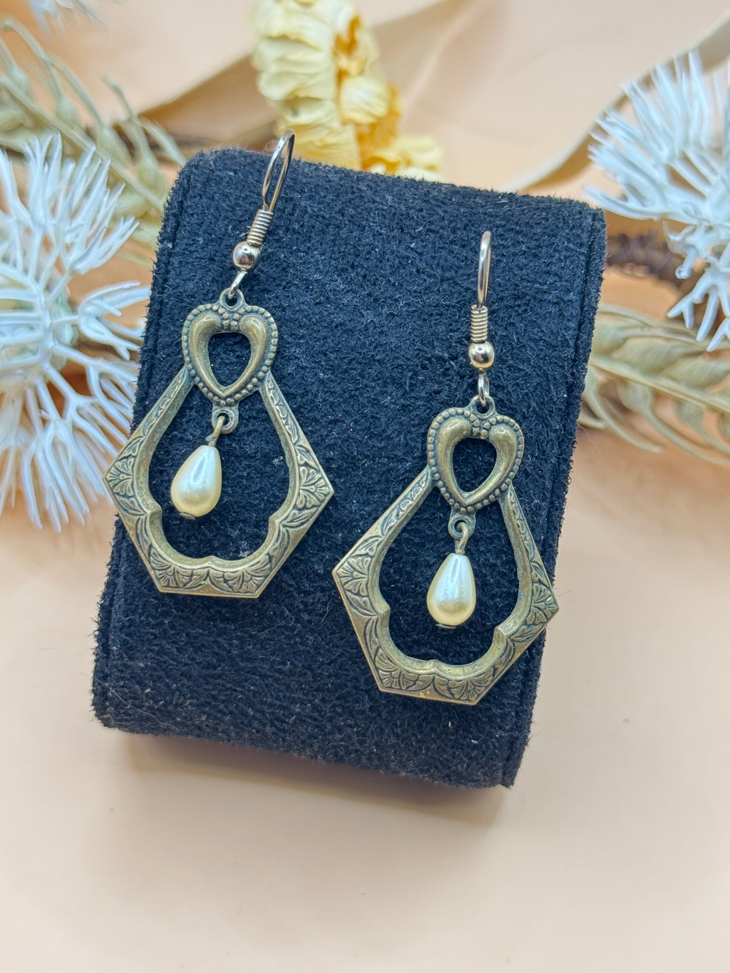 Vintage Brass Tone Heart Scroll Dangle Earrings with Faux Pearl Drops