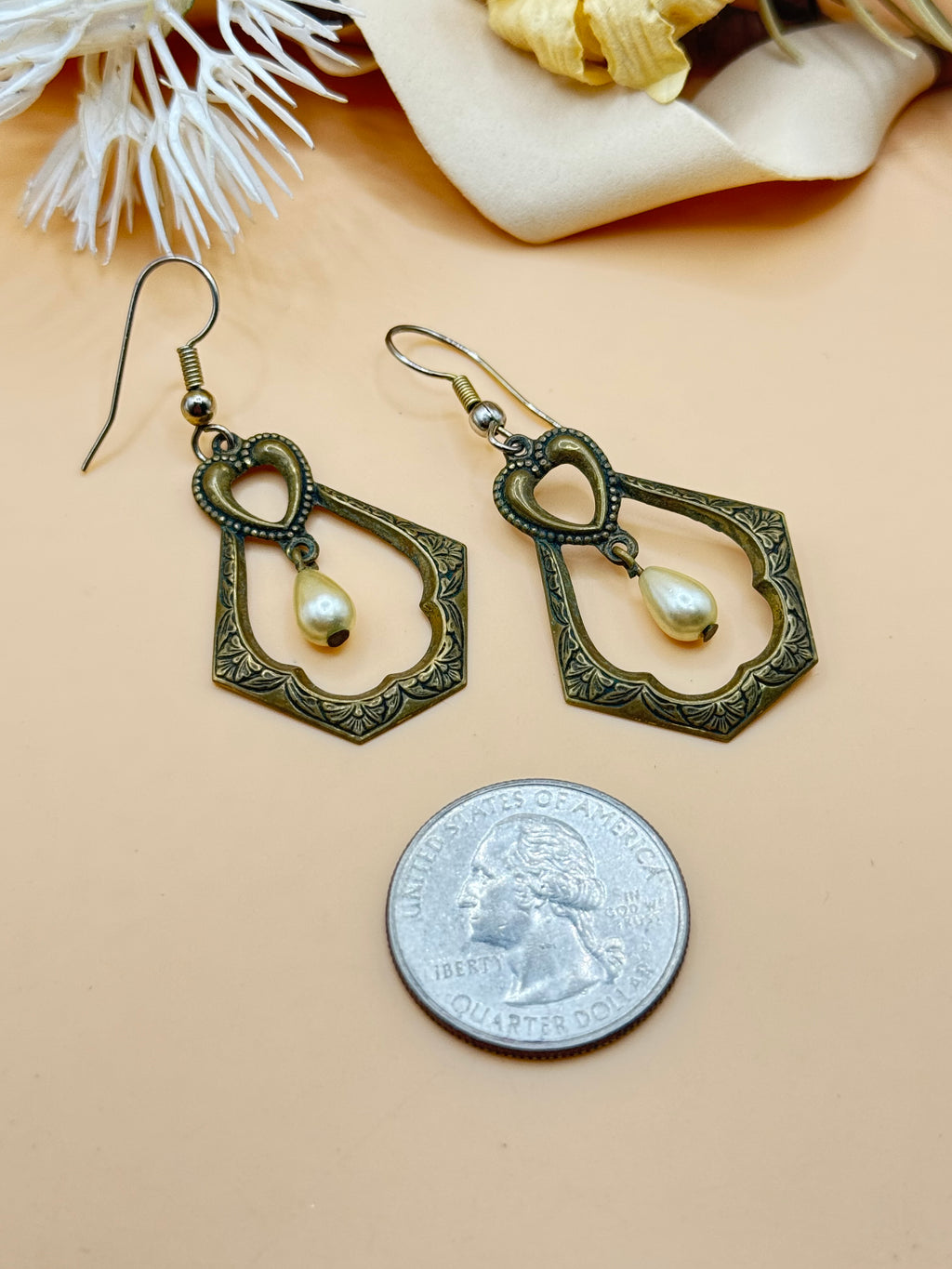 Vintage Brass Tone Heart Scroll Dangle Earrings with Faux Pearl Drops