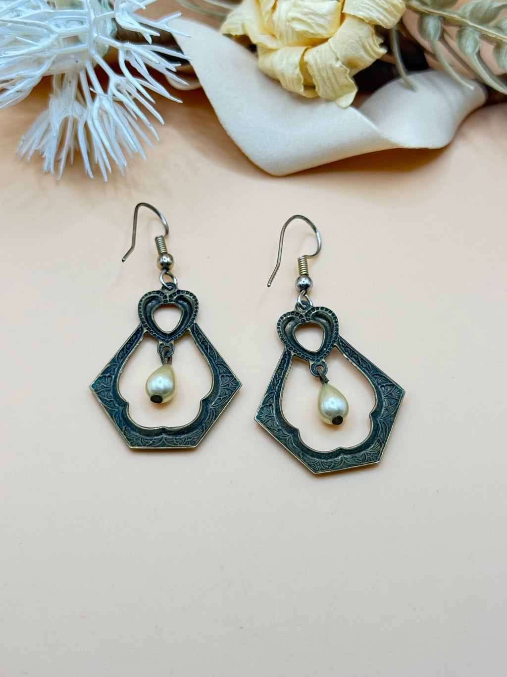 Vintage Brass Tone Heart Scroll Dangle Earrings with Faux Pearl Drops