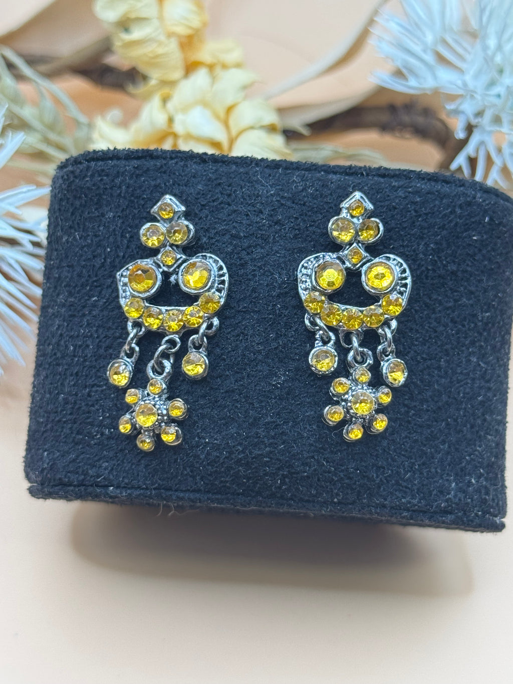 Vintage Silver Tone Topaz Yellow Rhinestone Chandelier Dangle Earrings