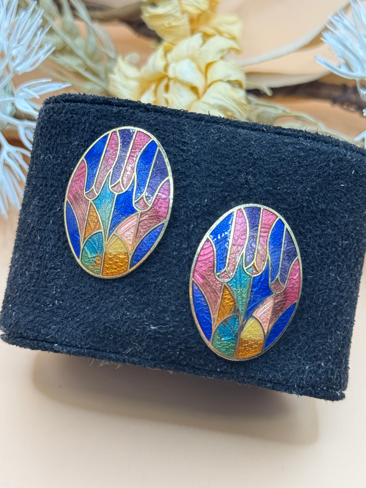 Vintage Gold Tone Multicolor Cloisonné Enamel Oval Floral Stud Earrings