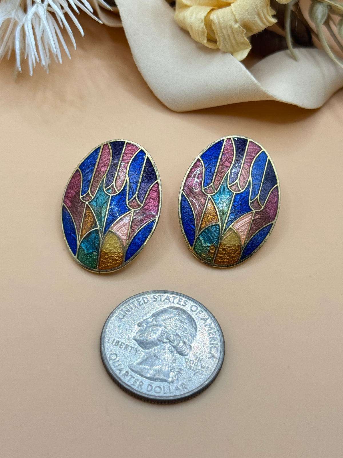 Vintage Gold Tone Multicolor Cloisonné Enamel Oval Floral Stud Earrings