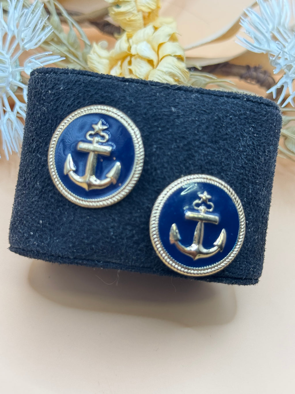 Vintage Gold Tone Navy Blue Nautical Anchor Enamel Round Stud Earrings