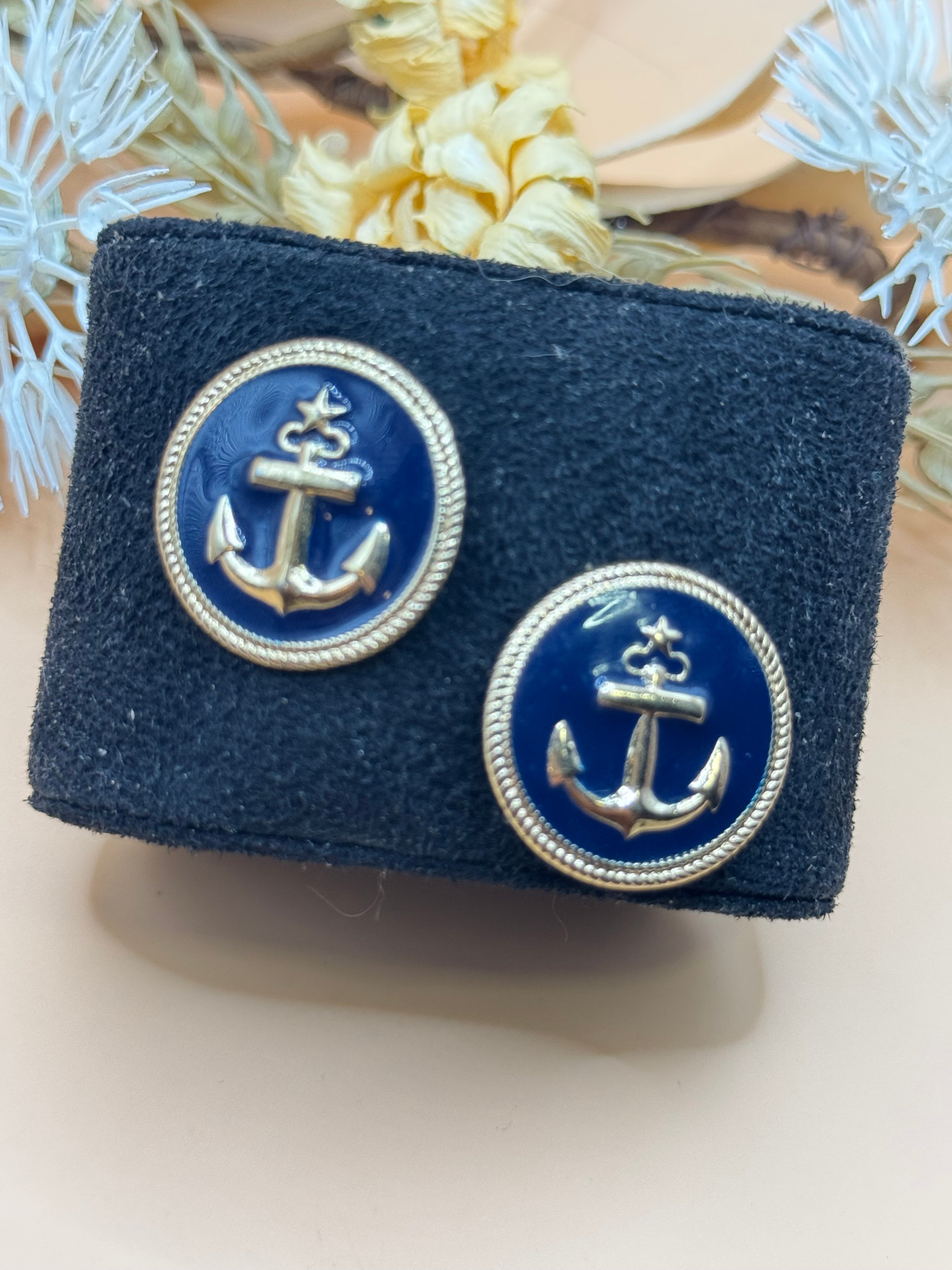 Vintage Gold Tone Navy Blue Nautical Anchor Enamel Round Stud Earrings