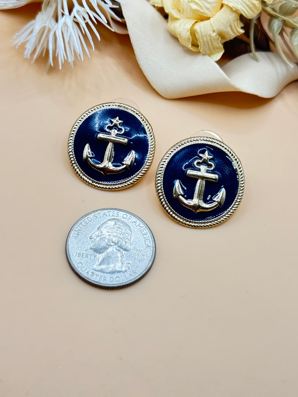 Vintage Gold Tone Navy Blue Nautical Anchor Enamel Round Stud Earrings