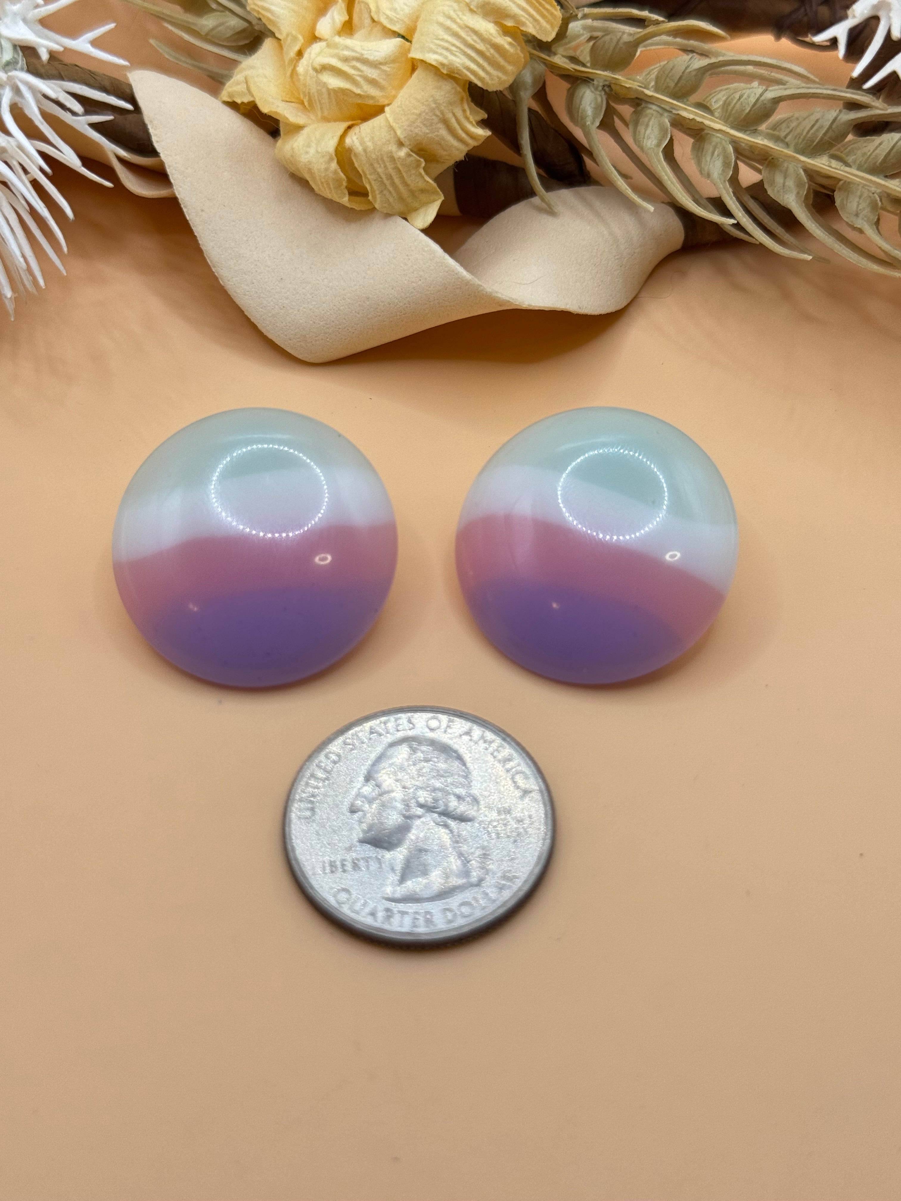 Vintage Pastel Lavender Blue White Lucite Round Stud Earrings