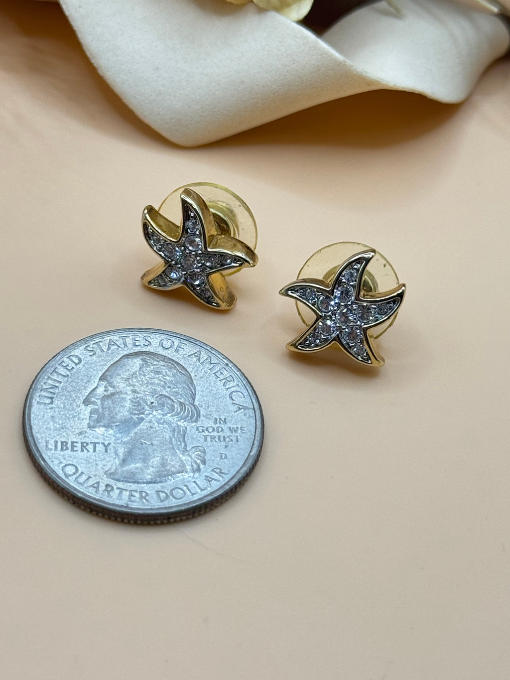 Gold Tone Clear Rhinestone Starfish Stud Earrings