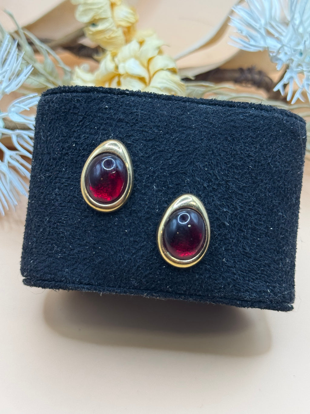 Vintage Avon Gold Tone Red Cabochon Teardrop Stud Earrings