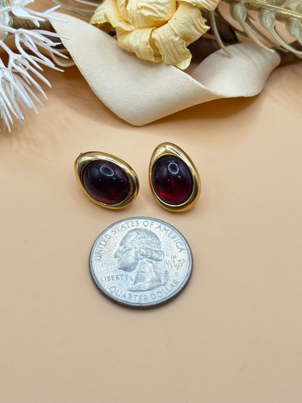 Vintage Avon Gold Tone Red Cabochon Teardrop Stud Earrings