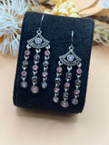 Vintage Silver Tone Pink Rhinestone & Lavender Bead Chandelier Dangle Earrings