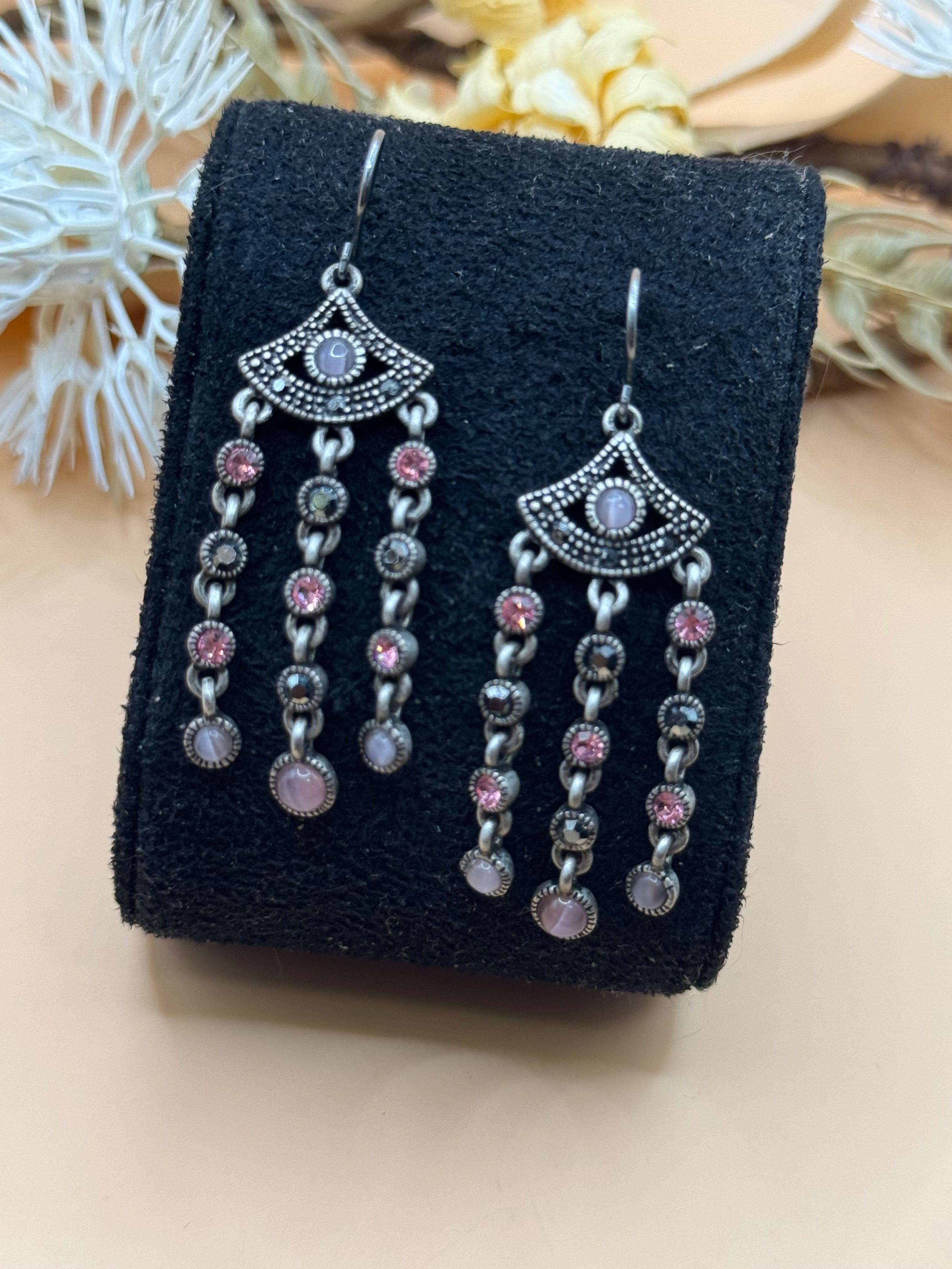 Vintage Silver Tone Pink Rhinestone & Lavender Bead Chandelier Dangle Earrings