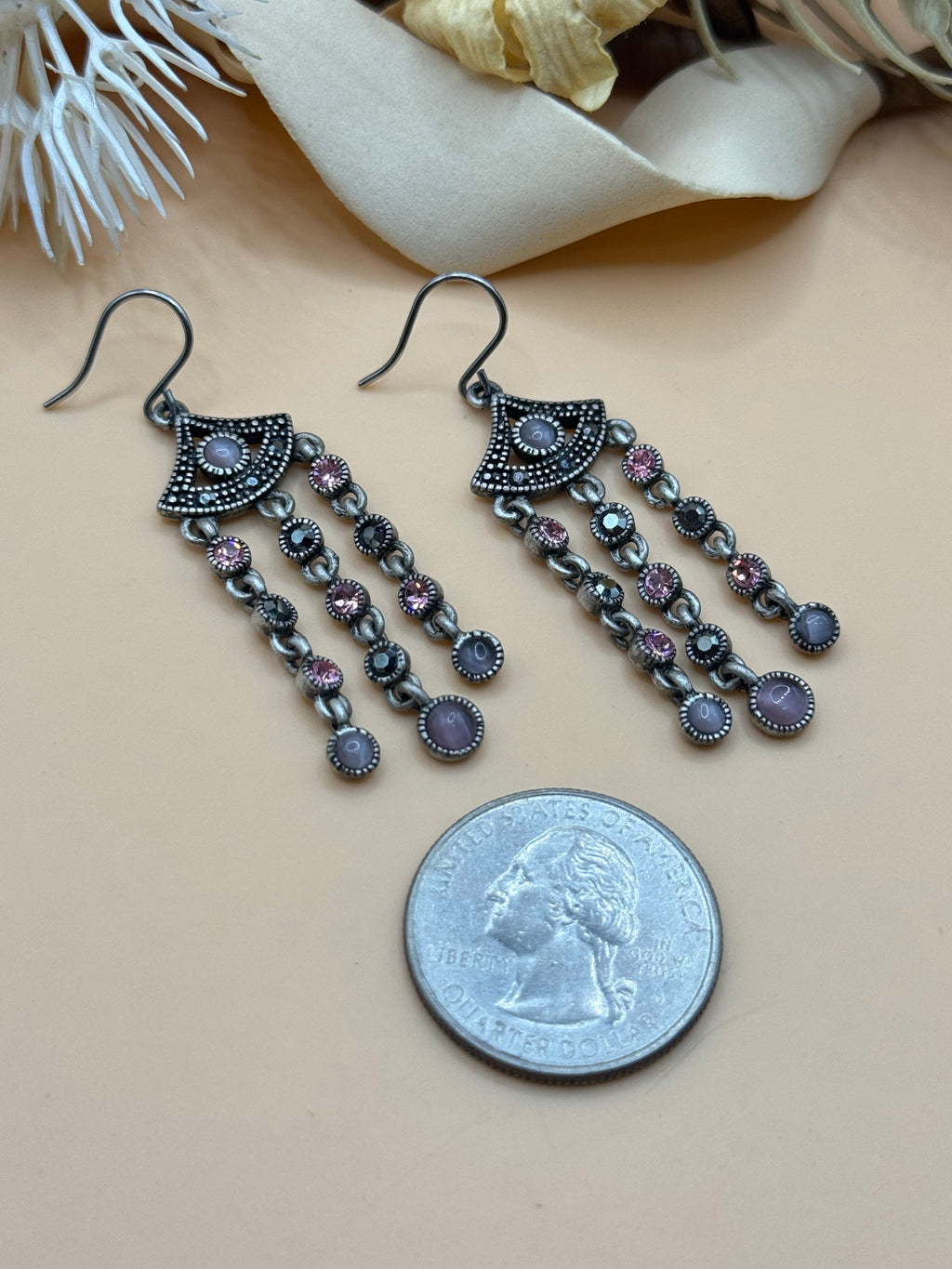 Vintage Silver Tone Pink Rhinestone & Lavender Bead Chandelier Dangle Earrings