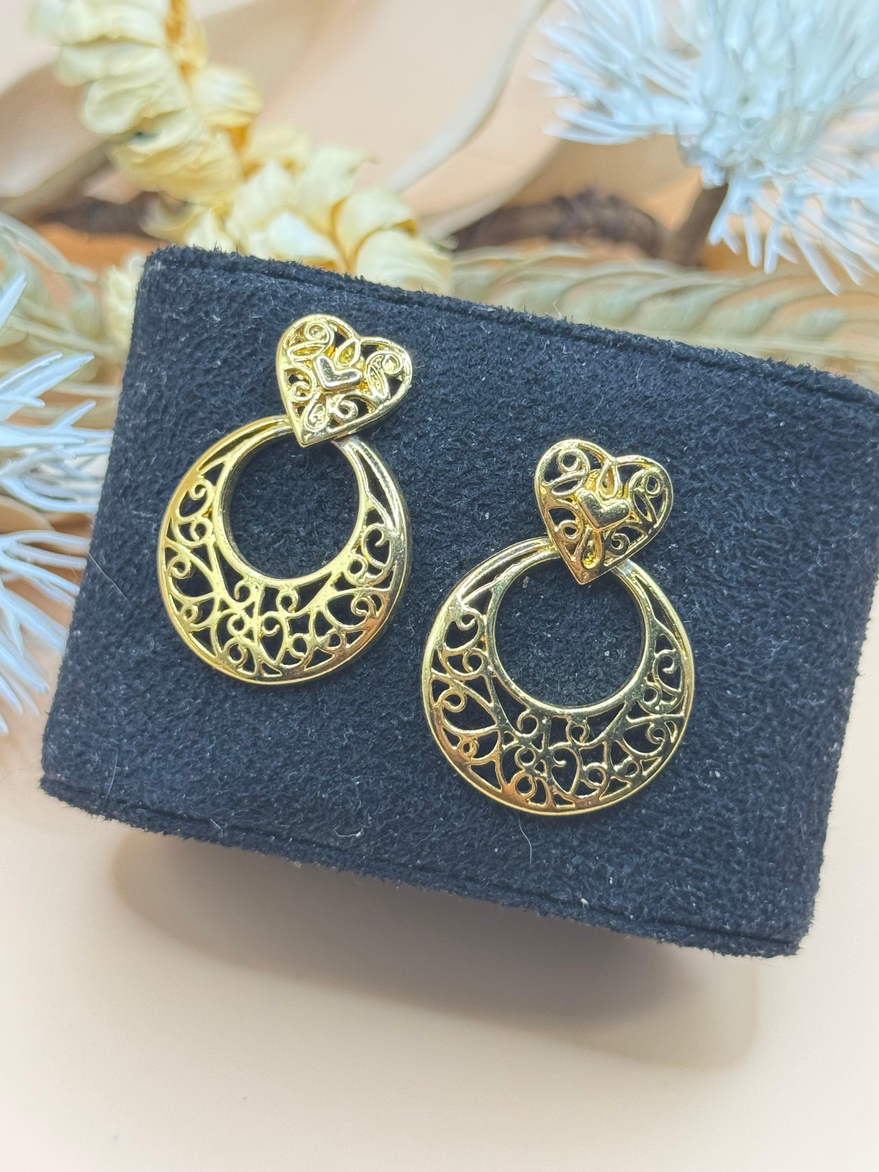 Gold Tone Filigree Heart Hoop Dangle Earrings Openwork Romantic Statement