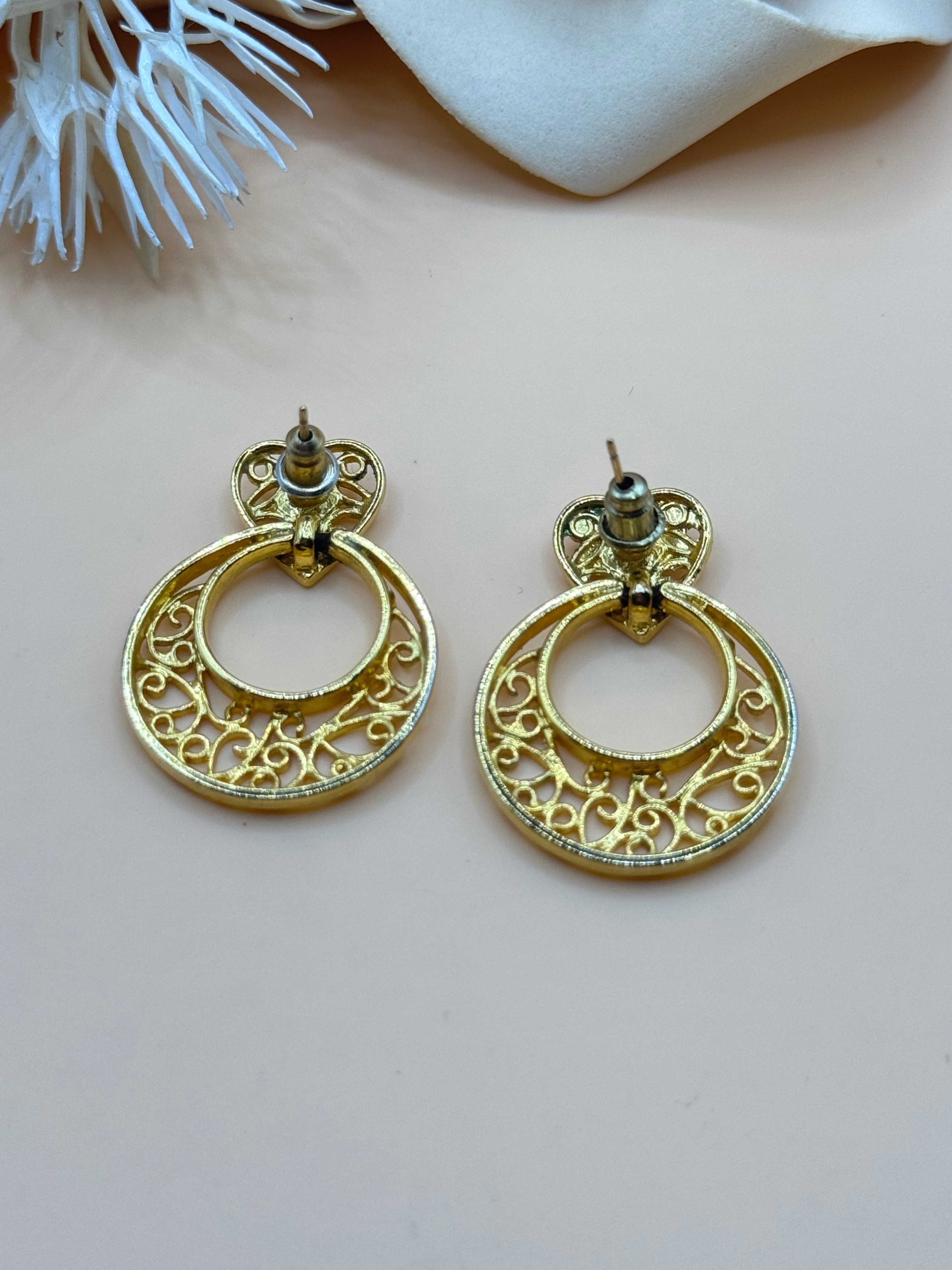 Gold Tone Filigree Heart Hoop Dangle Earrings Openwork Romantic Statement
