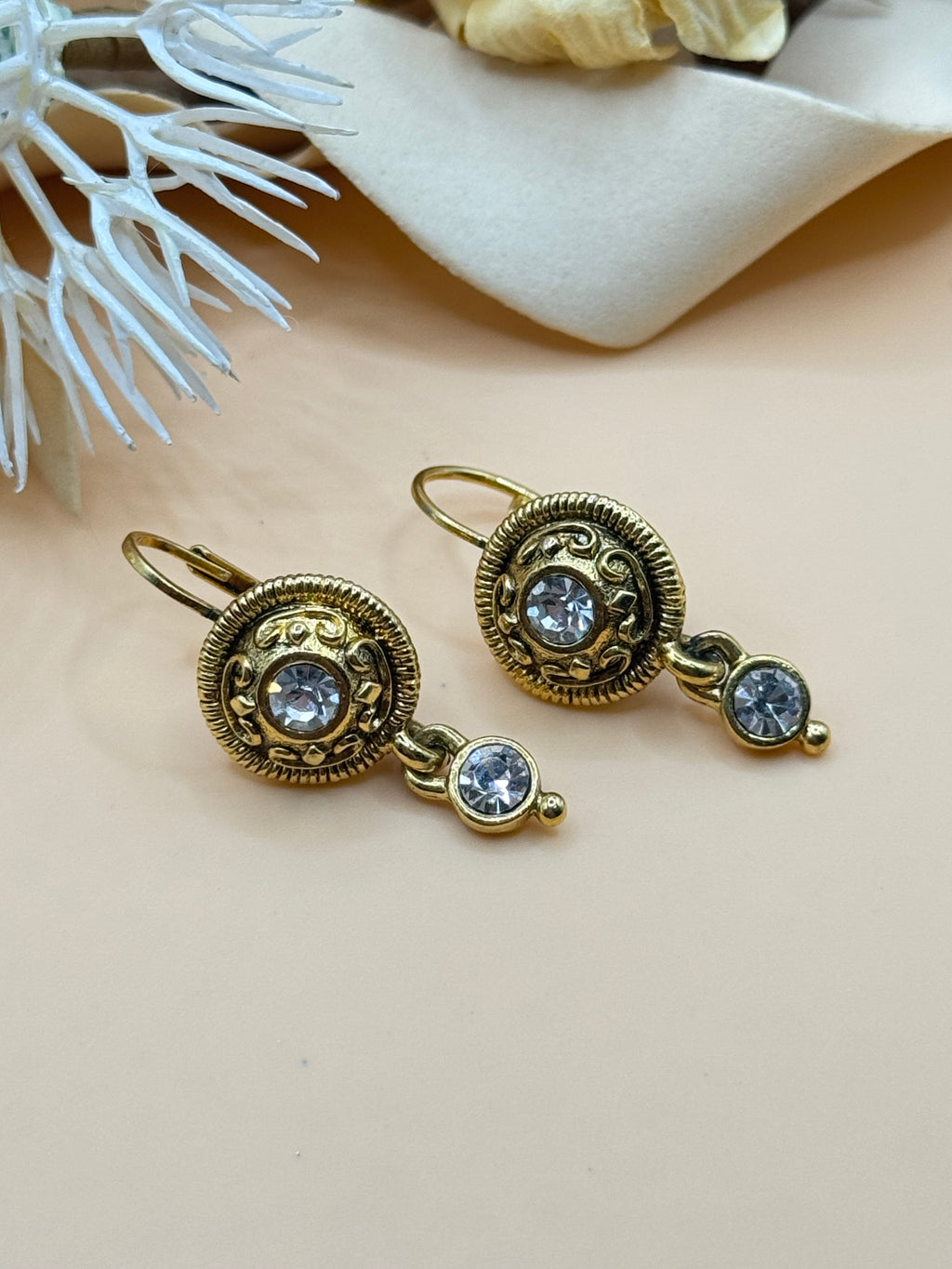 Vintage EB Gold Tone Clear Rhinestone Dangle Leverback Earrings