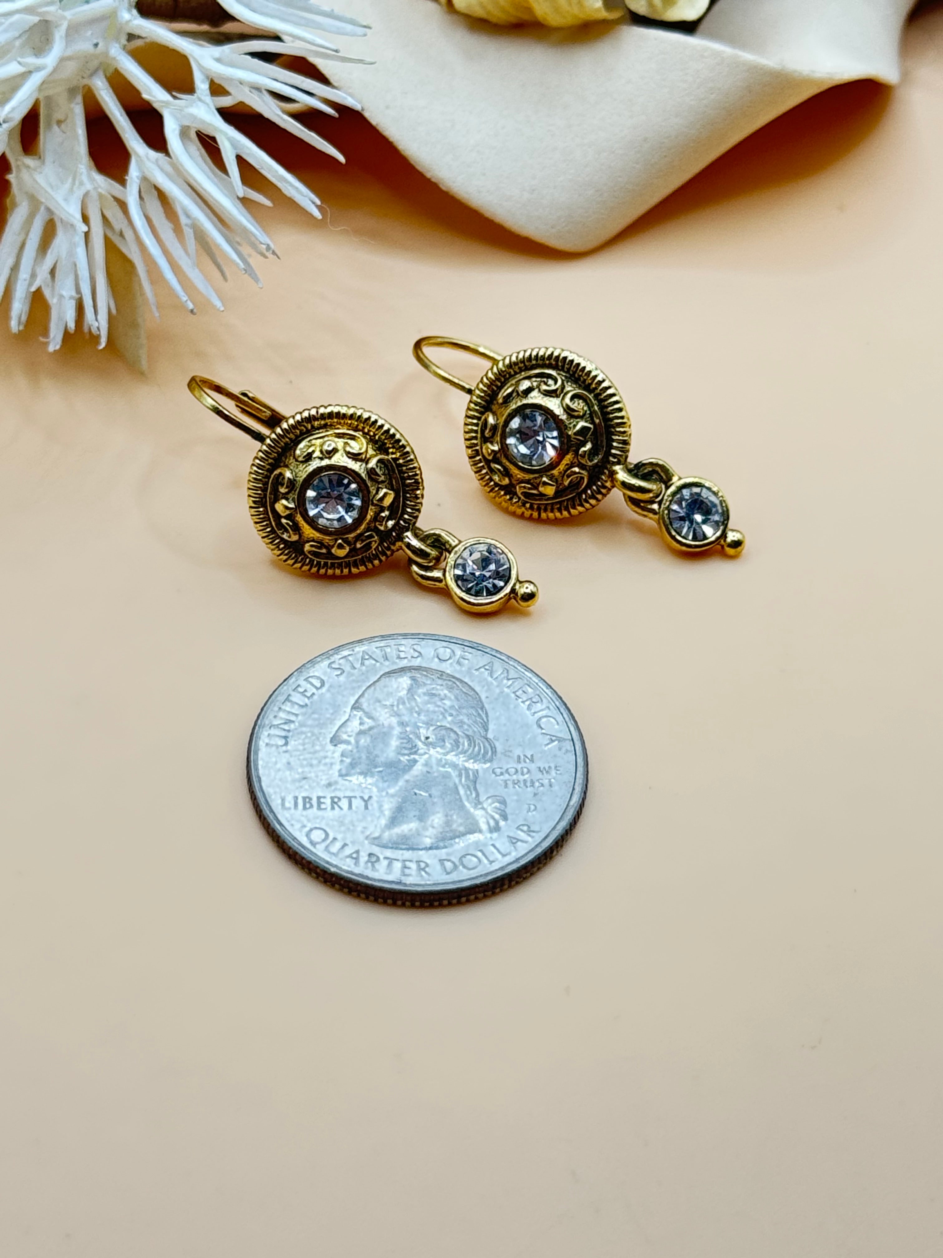 Vintage EB Gold Tone Clear Rhinestone Dangle Leverback Earrings