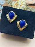 Vintage Gold Tone Cobalt Blue Teardrop Cabochon Statement Stud Earrings