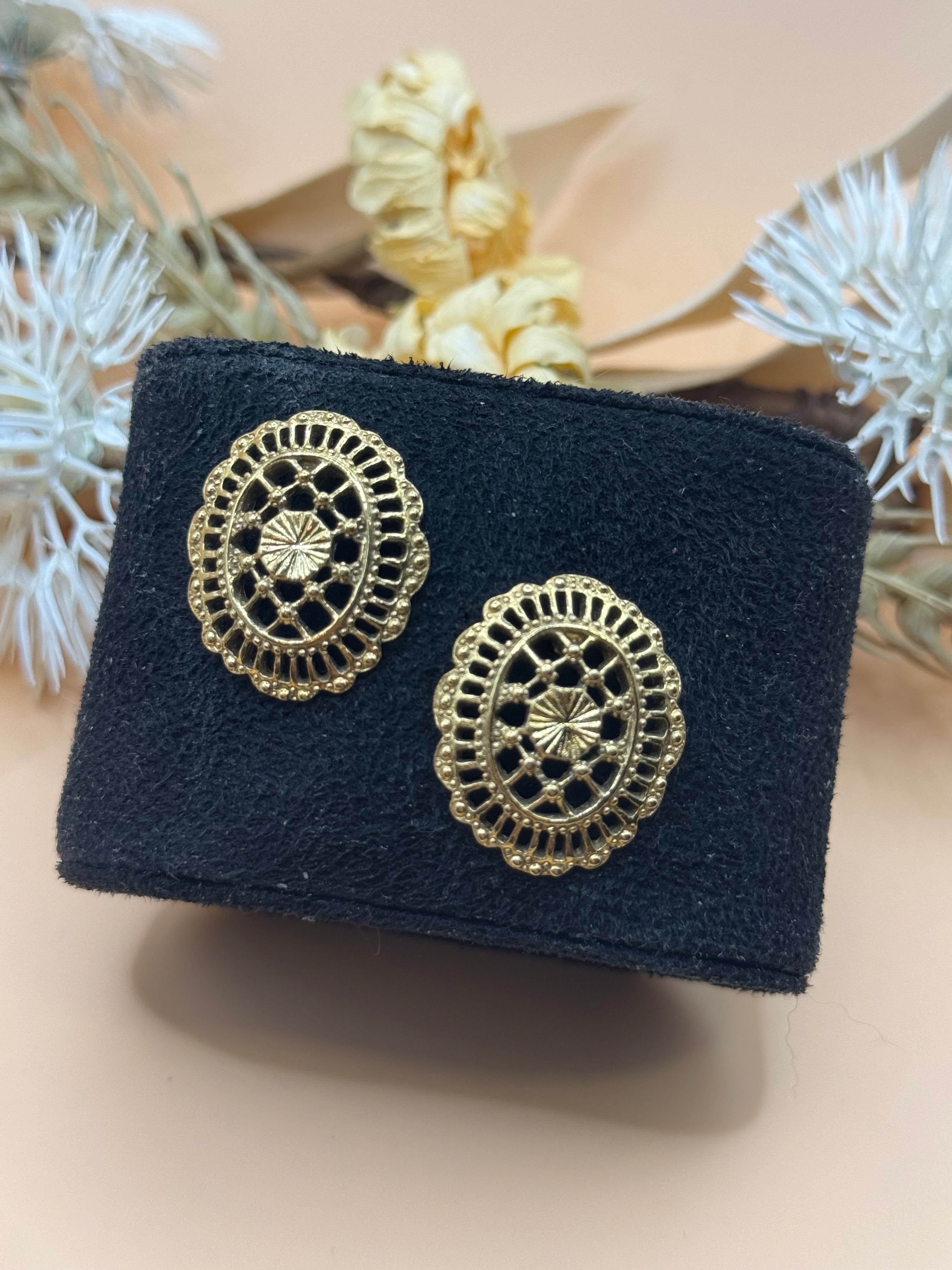 1928 Gold Tone Filigree Oval Stud Earrings Vintage Inspired Lace Design