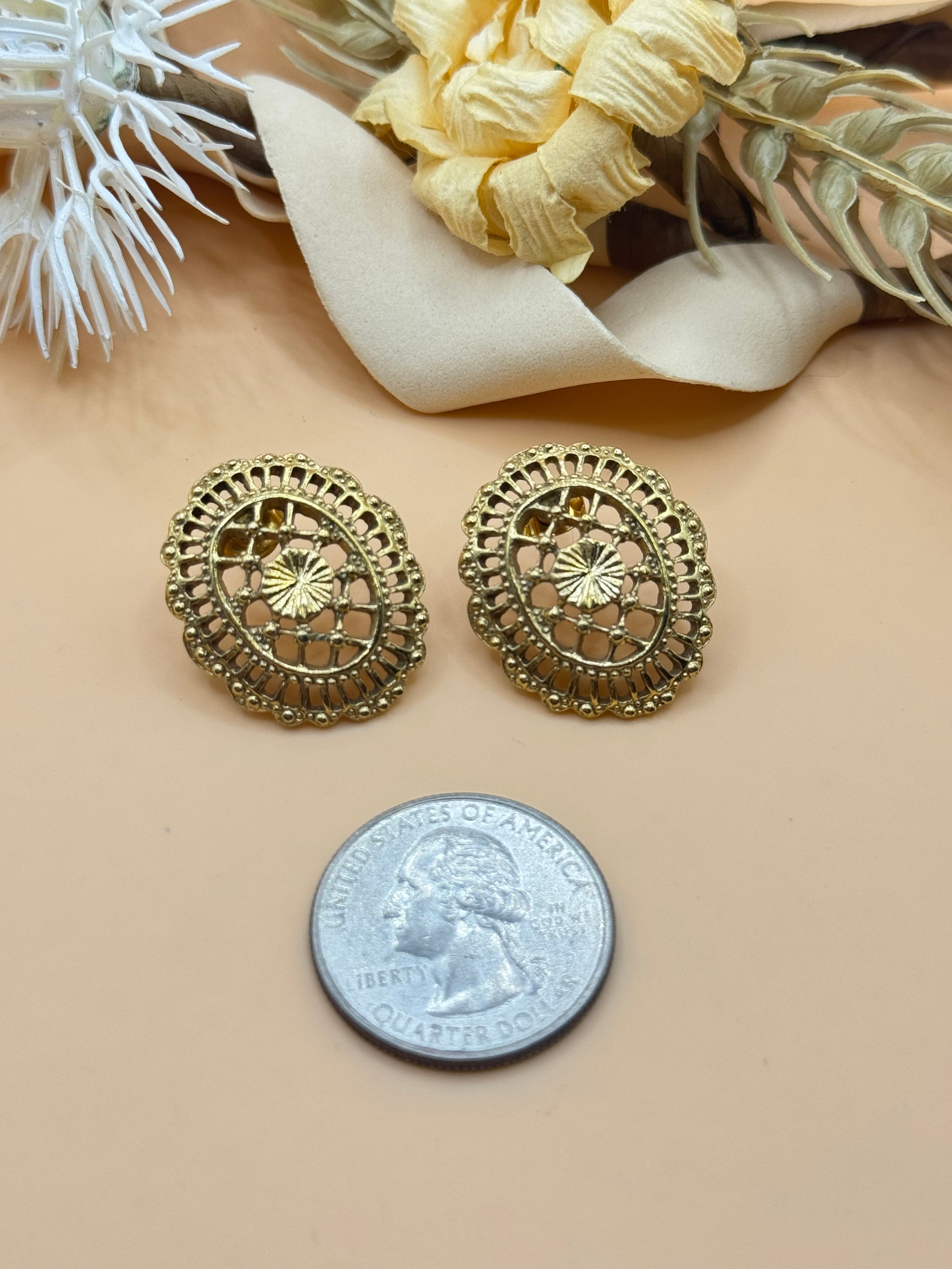 1928 Gold Tone Filigree Oval Stud Earrings Vintage Inspired Lace Design