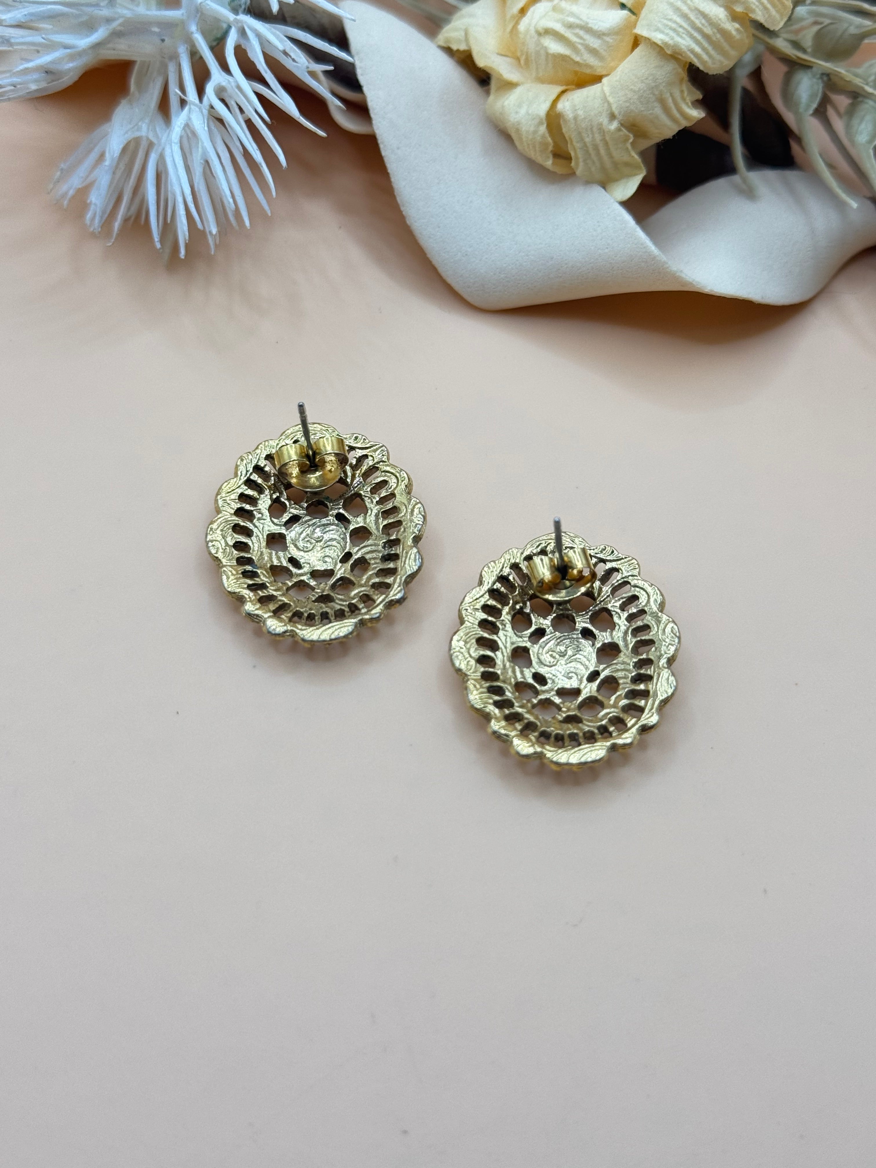 1928 Gold Tone Filigree Oval Stud Earrings Vintage Inspired Lace Design