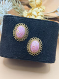 1928 Pink Marbled Cabochon Gold Tone Oval Filigree Stud Earrings