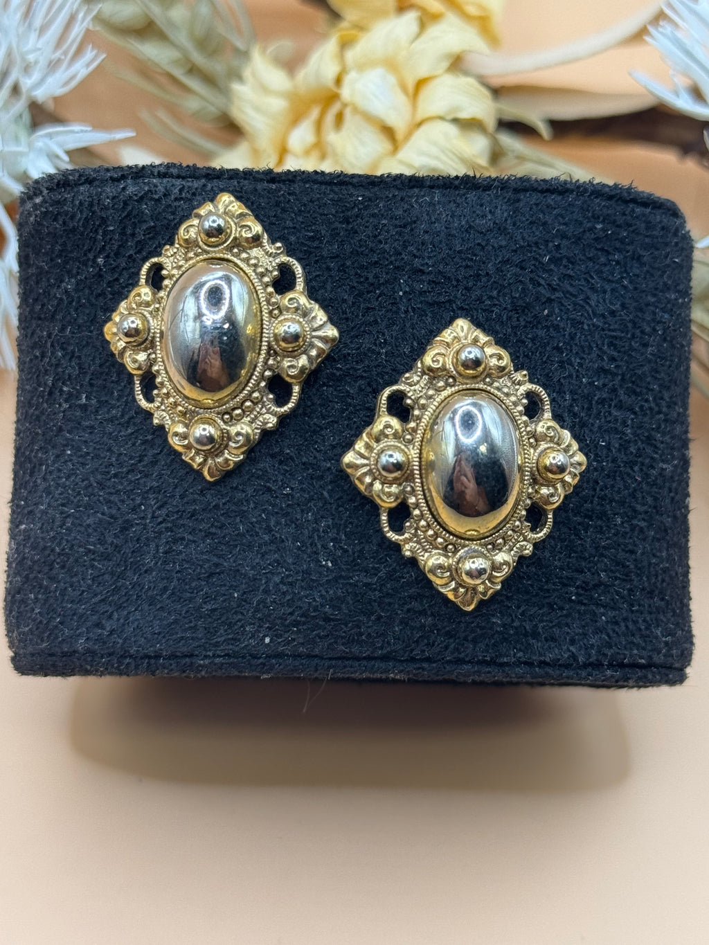 1928 Gold Tone Silver Tone Metallic Cabochon Filigree Stud Earrings